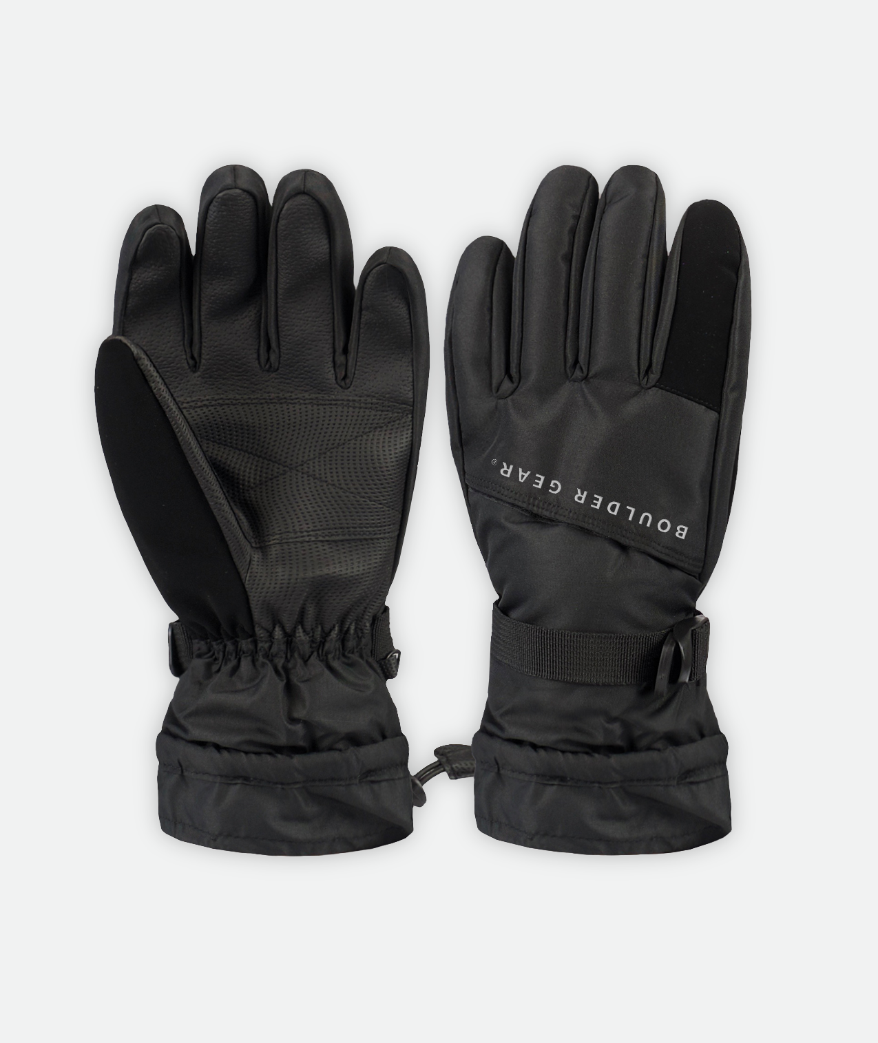A pair of black youth gloves with fleece lining, featuring reinforced palms, wrist straps, and nose wipe panels on the thumbs on a white background