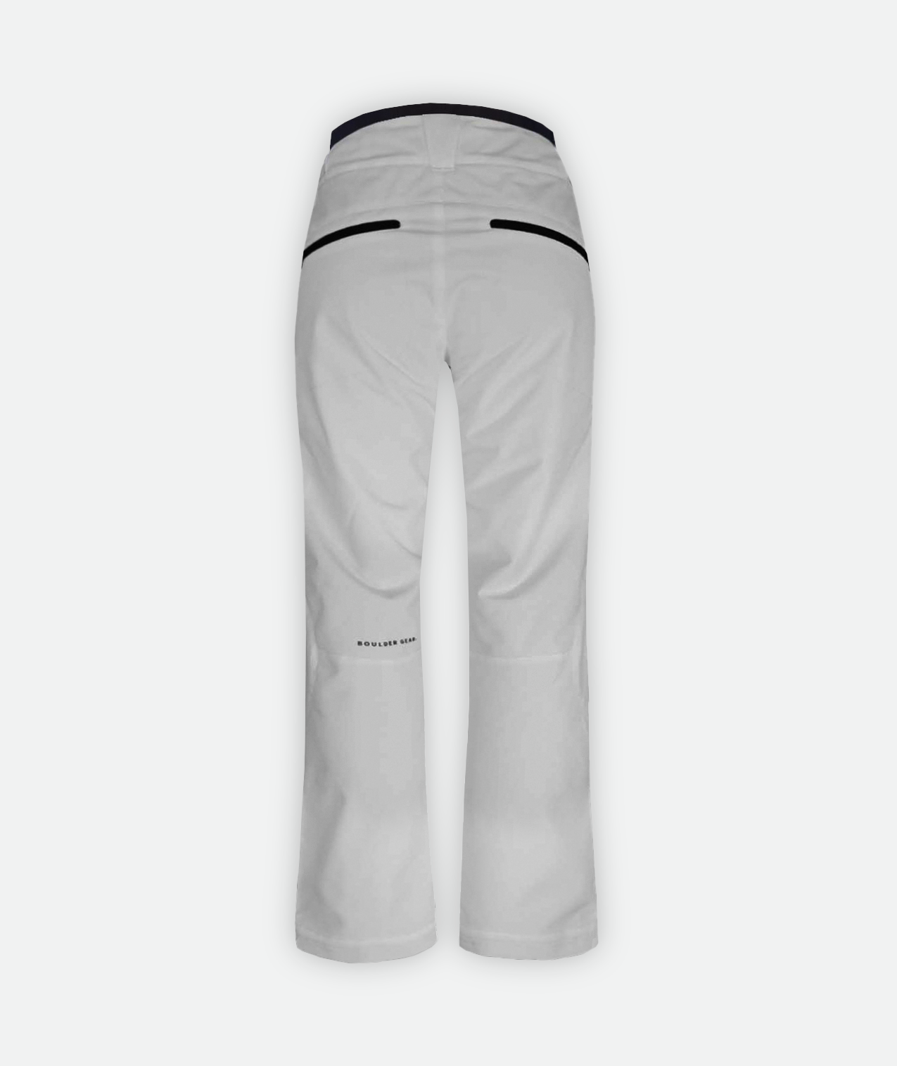 back of light gray snow pants with black accents on a white background