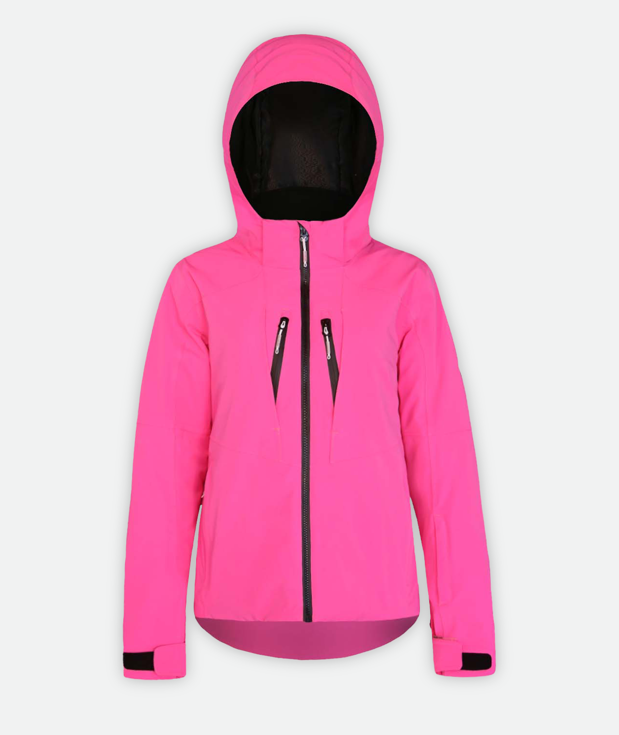 a pink jacket with black zippers with hood on a white background