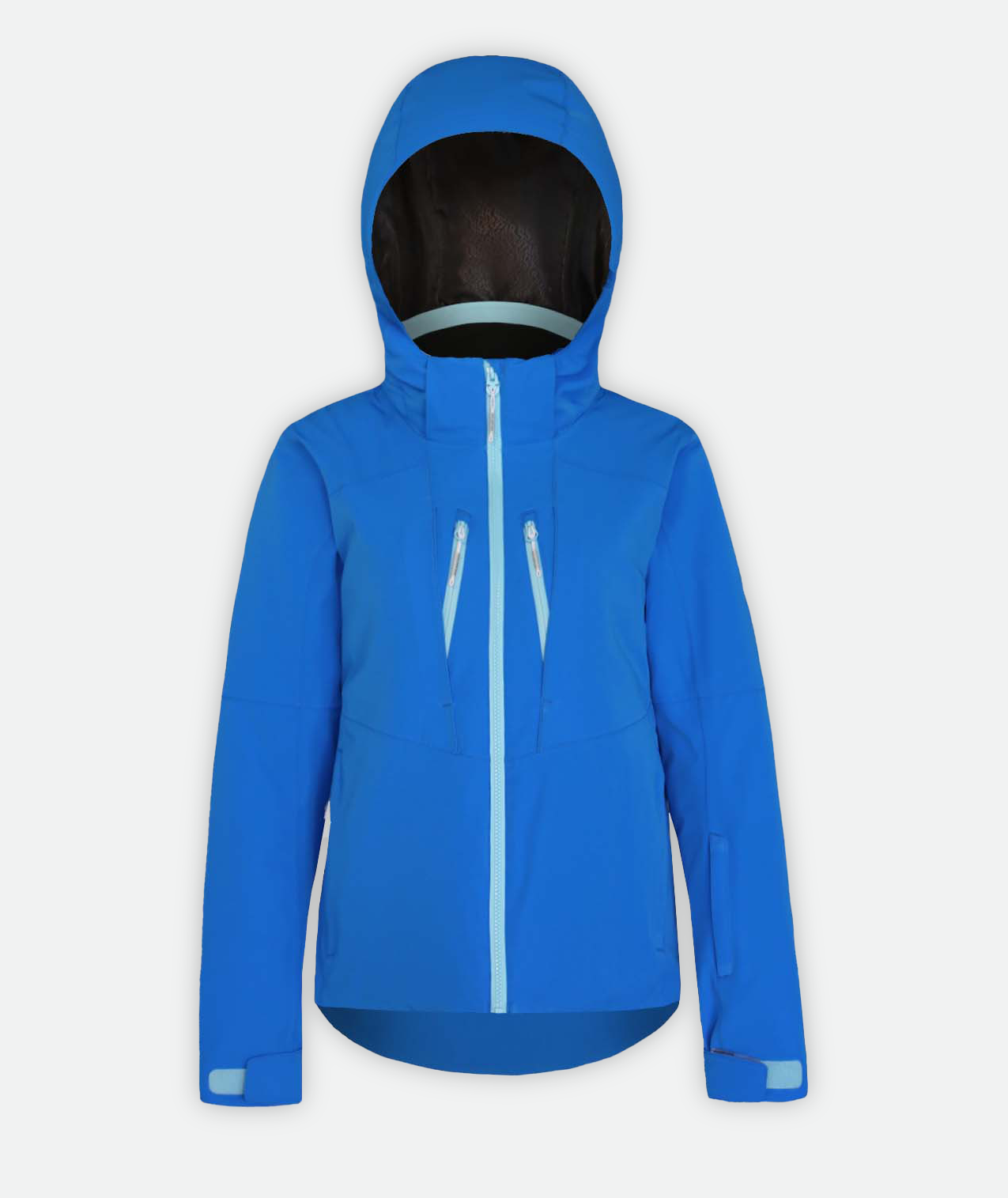 blue jacket with light blue zippers and hood on a white background