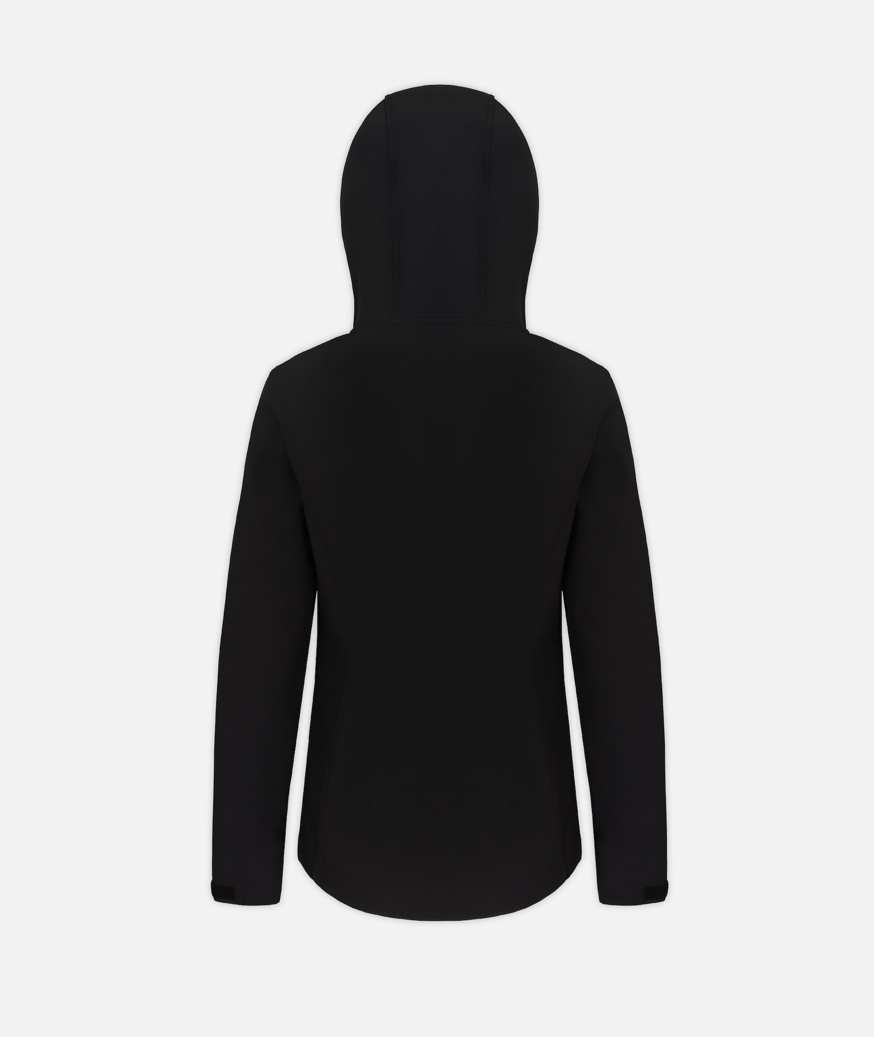 back of a black women's softshell jacket with a hood on a white background