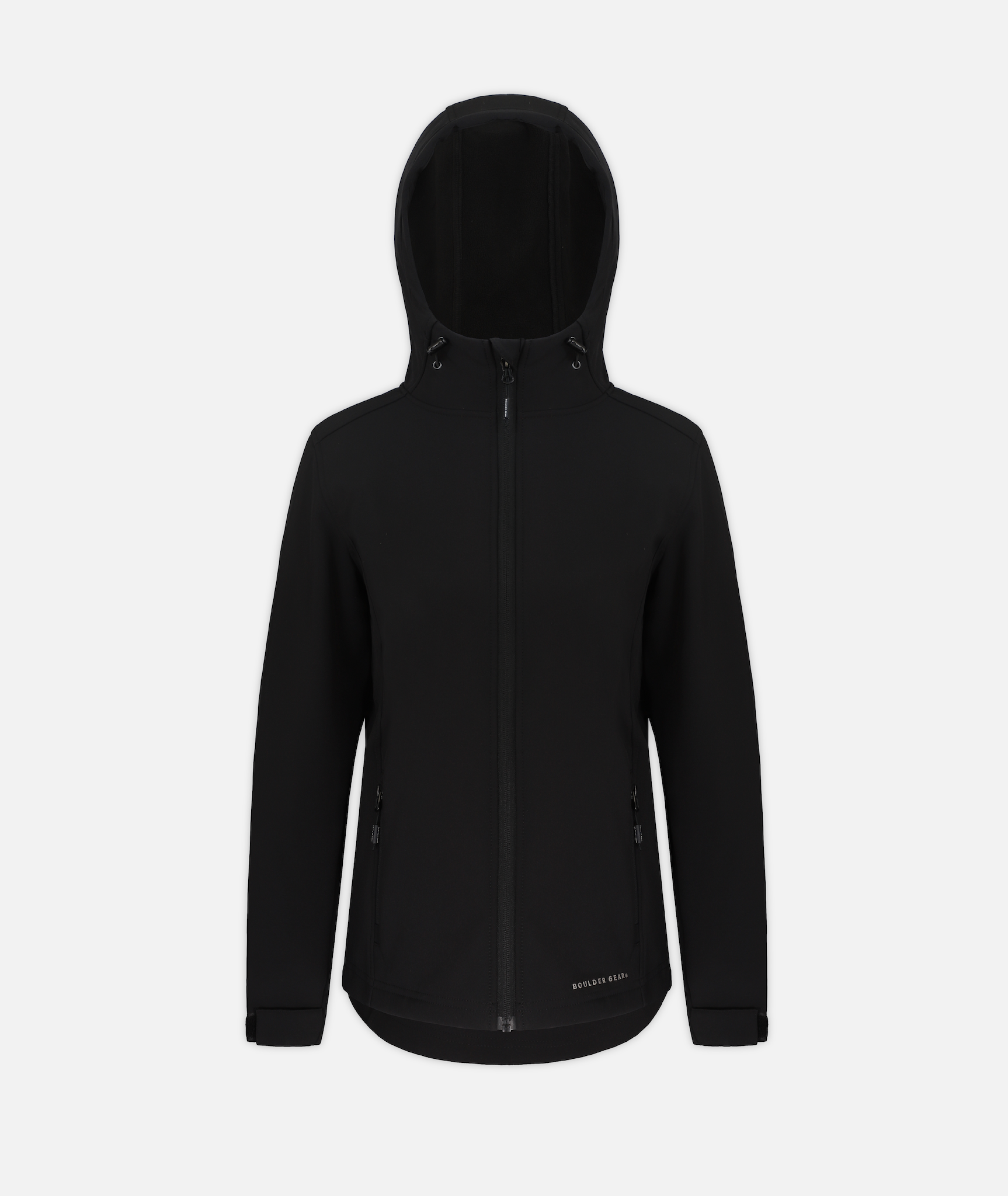A black women's softshell jacket with a hood on a white background
