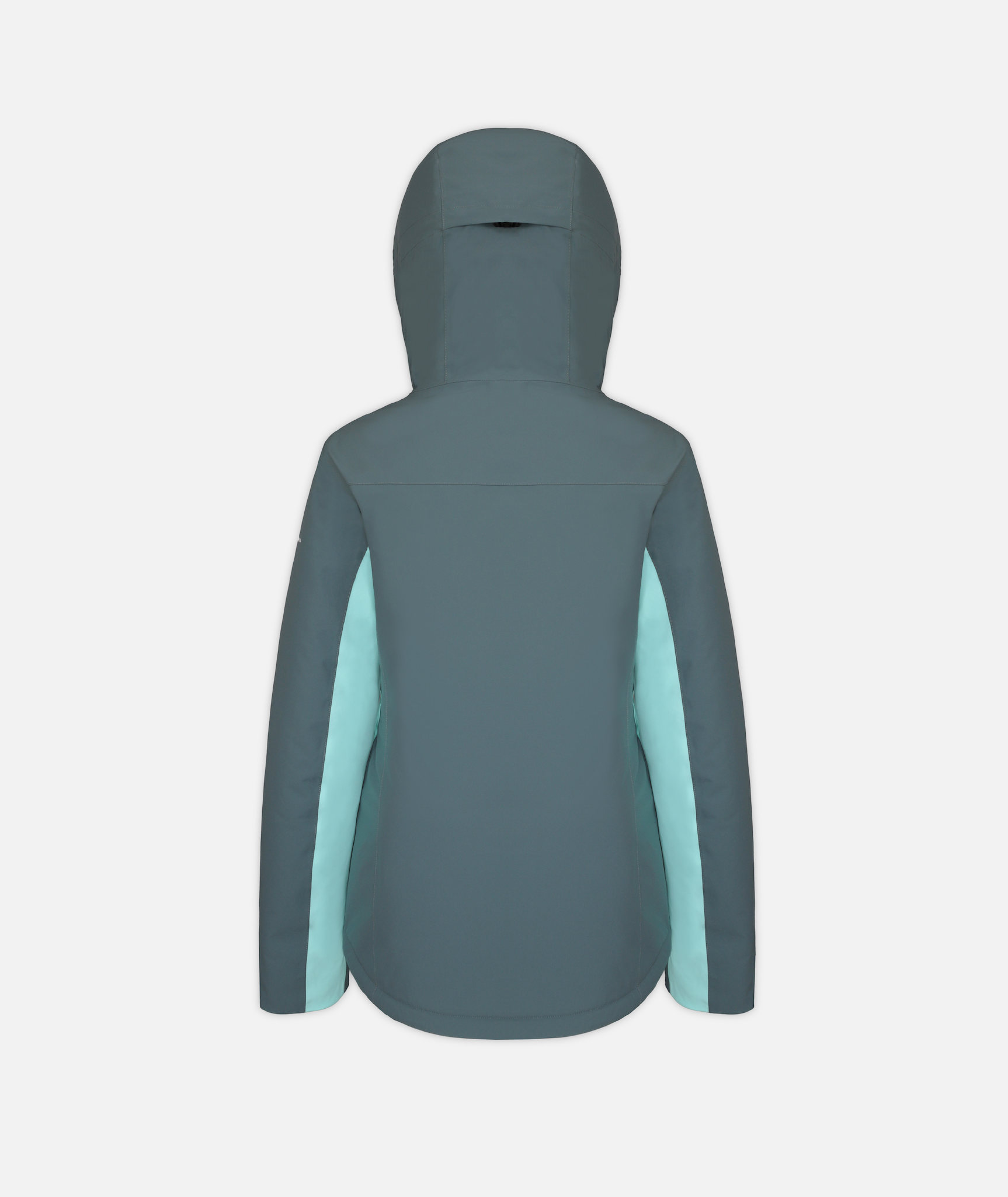 back of a women's jacket in two-tone faded green and blue with hood on a white background