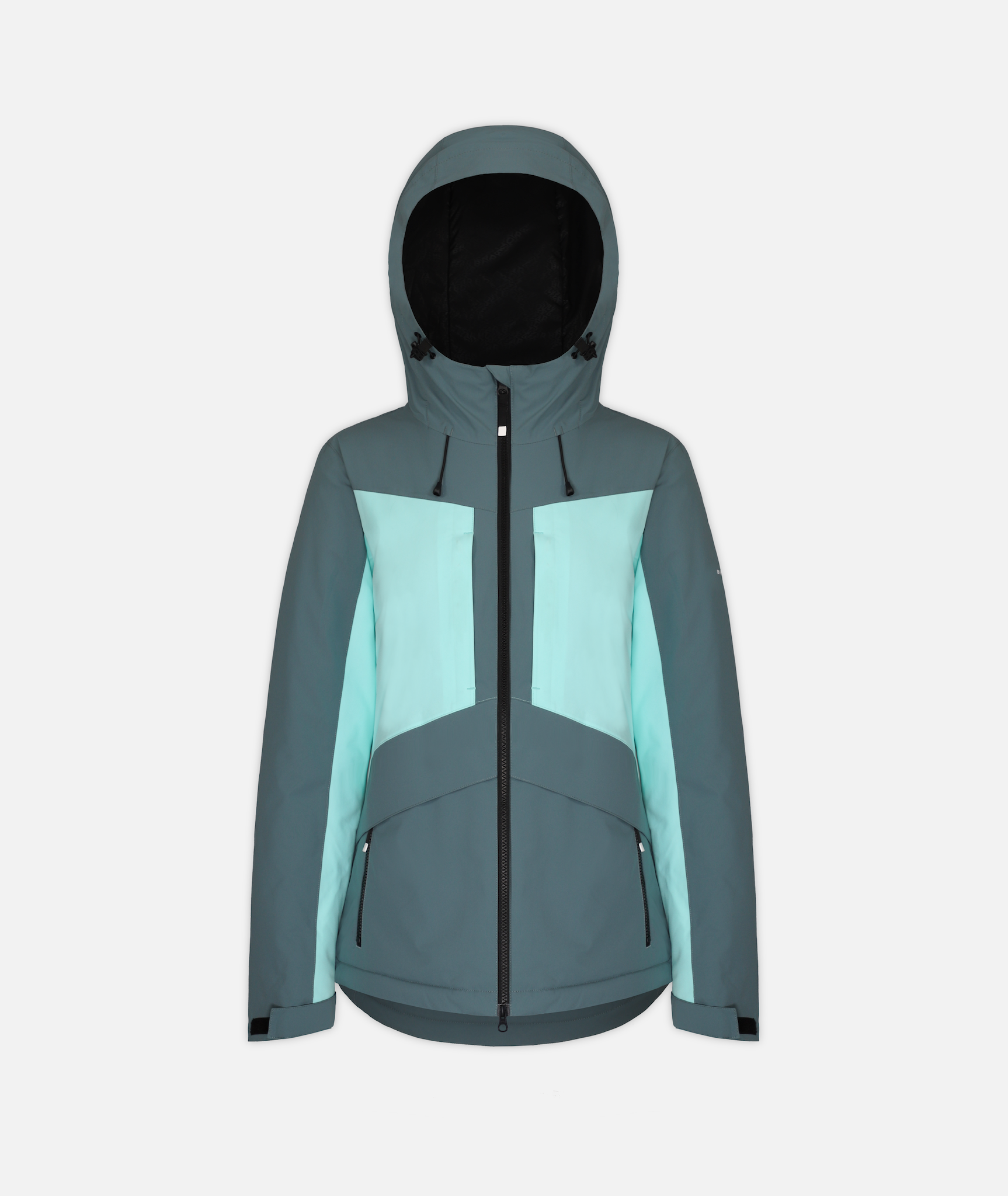 A women's jacket in two-tone faded green and blue with hood on a white background