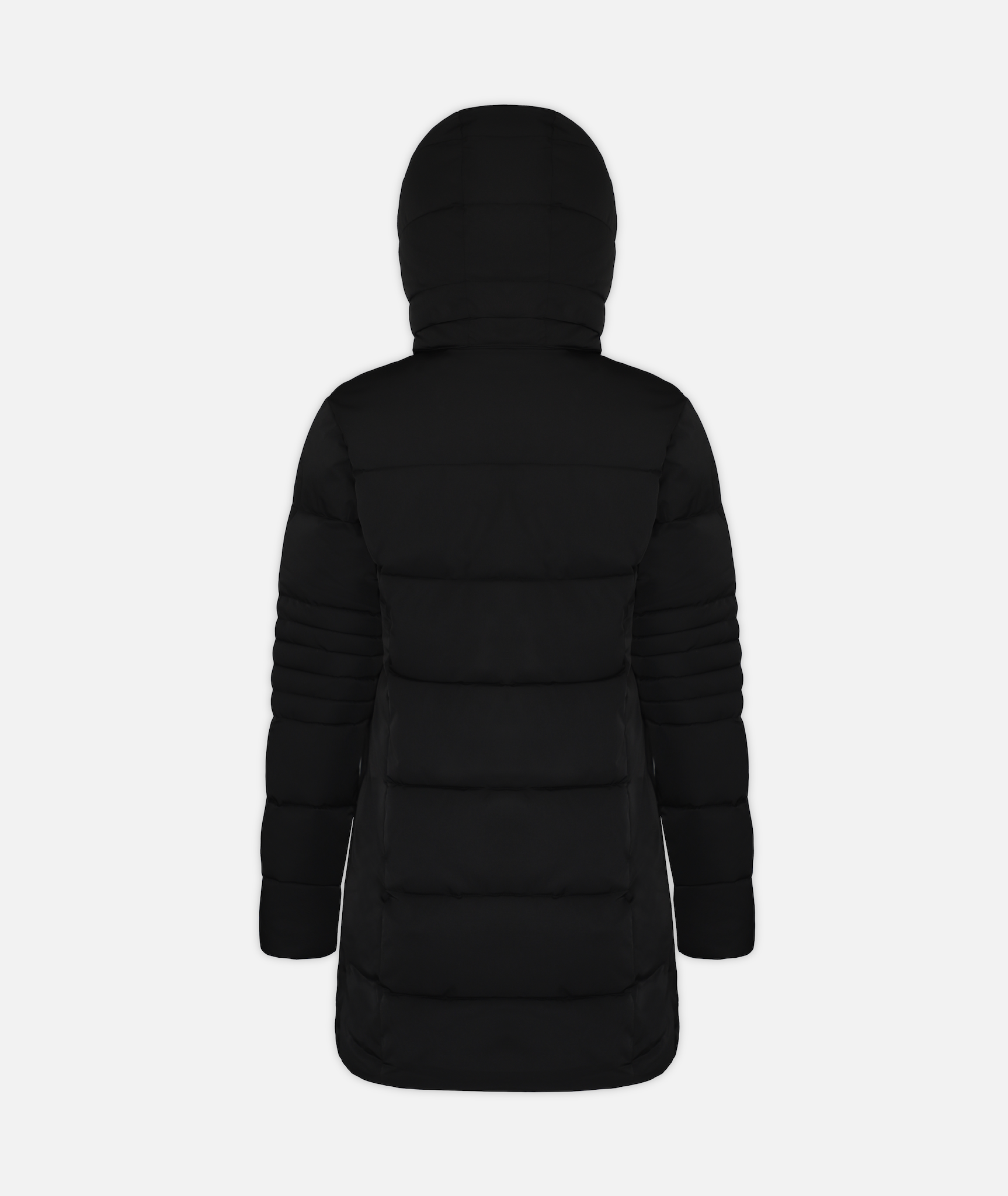back of a long black, hooded, insulated winter coat with hood on a white background