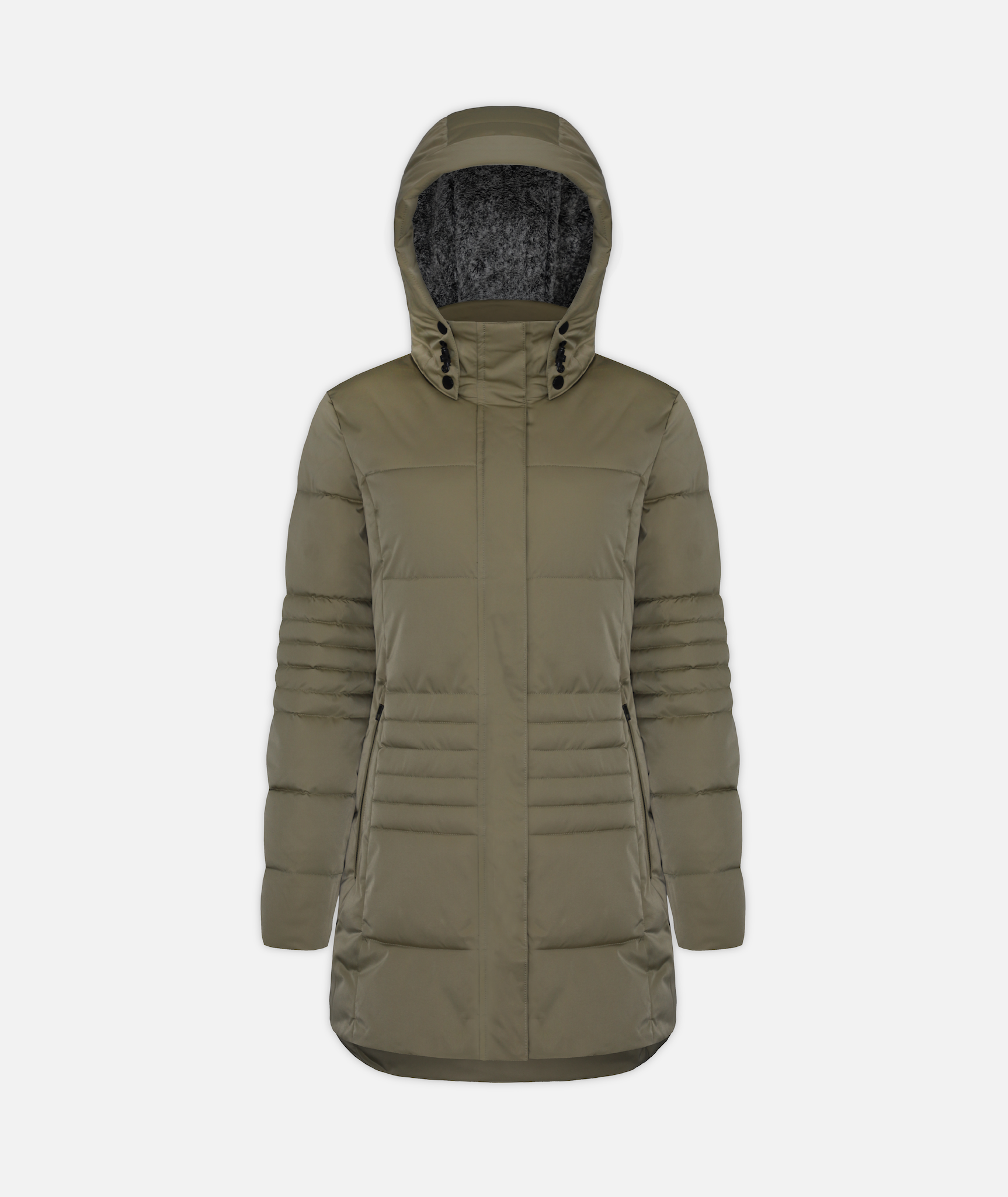 A long green, hooded, insulated winter coat with hood on a white background