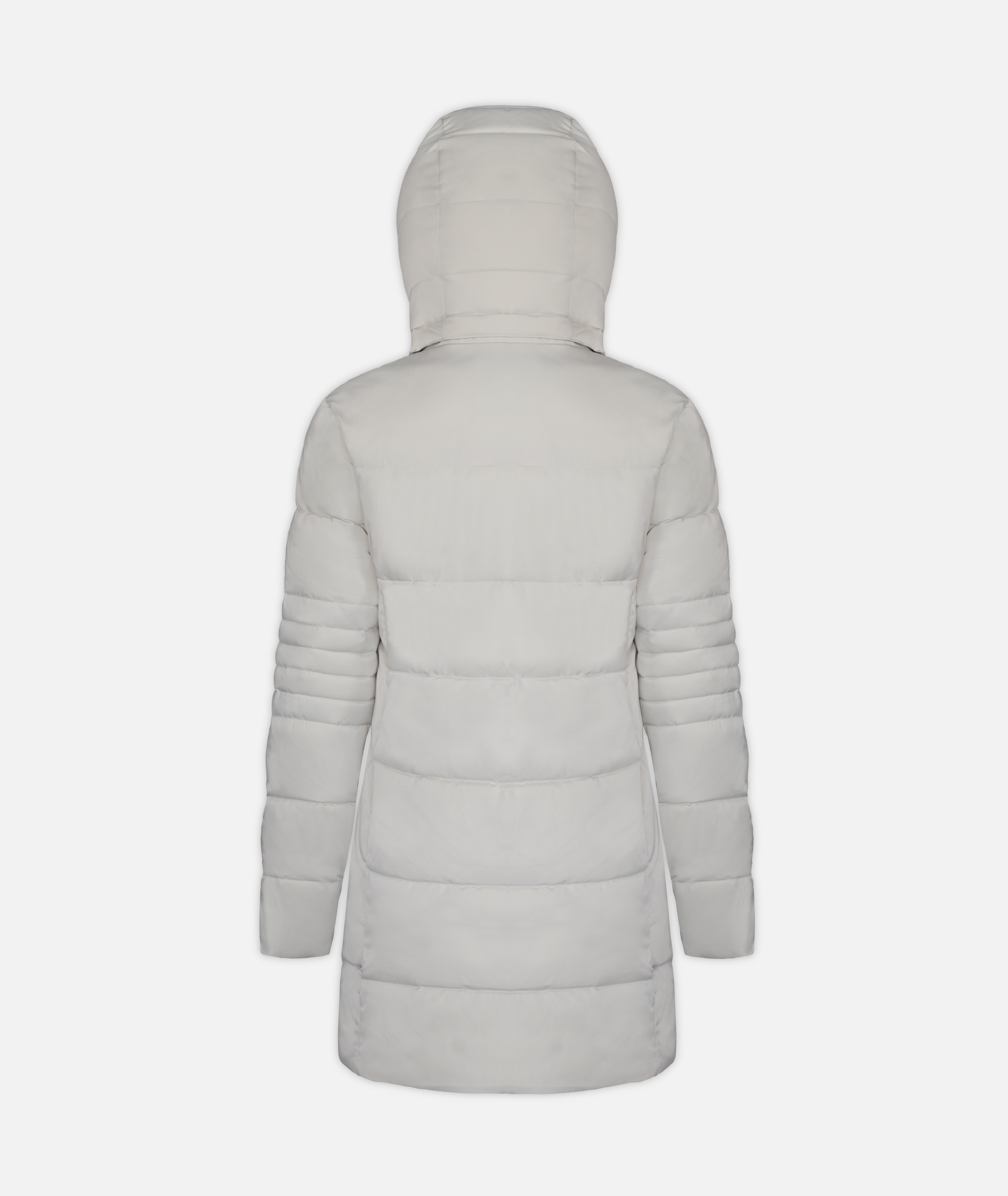 back of a long cream, hooded, insulated winter coat with hood on a white background