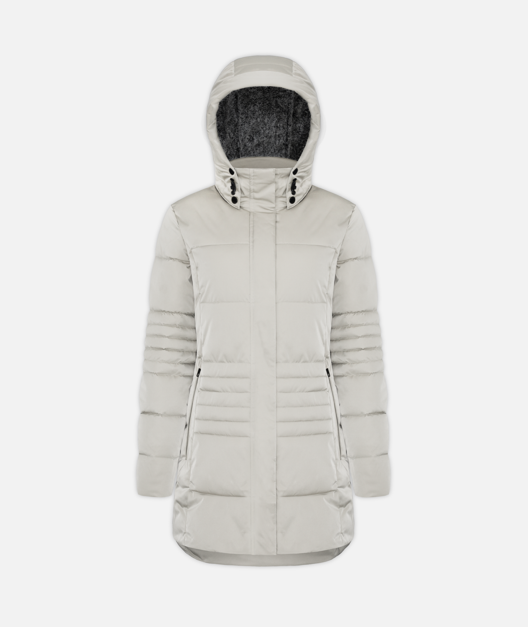 A long cream, hooded, insulated winter coat with hood on a white background