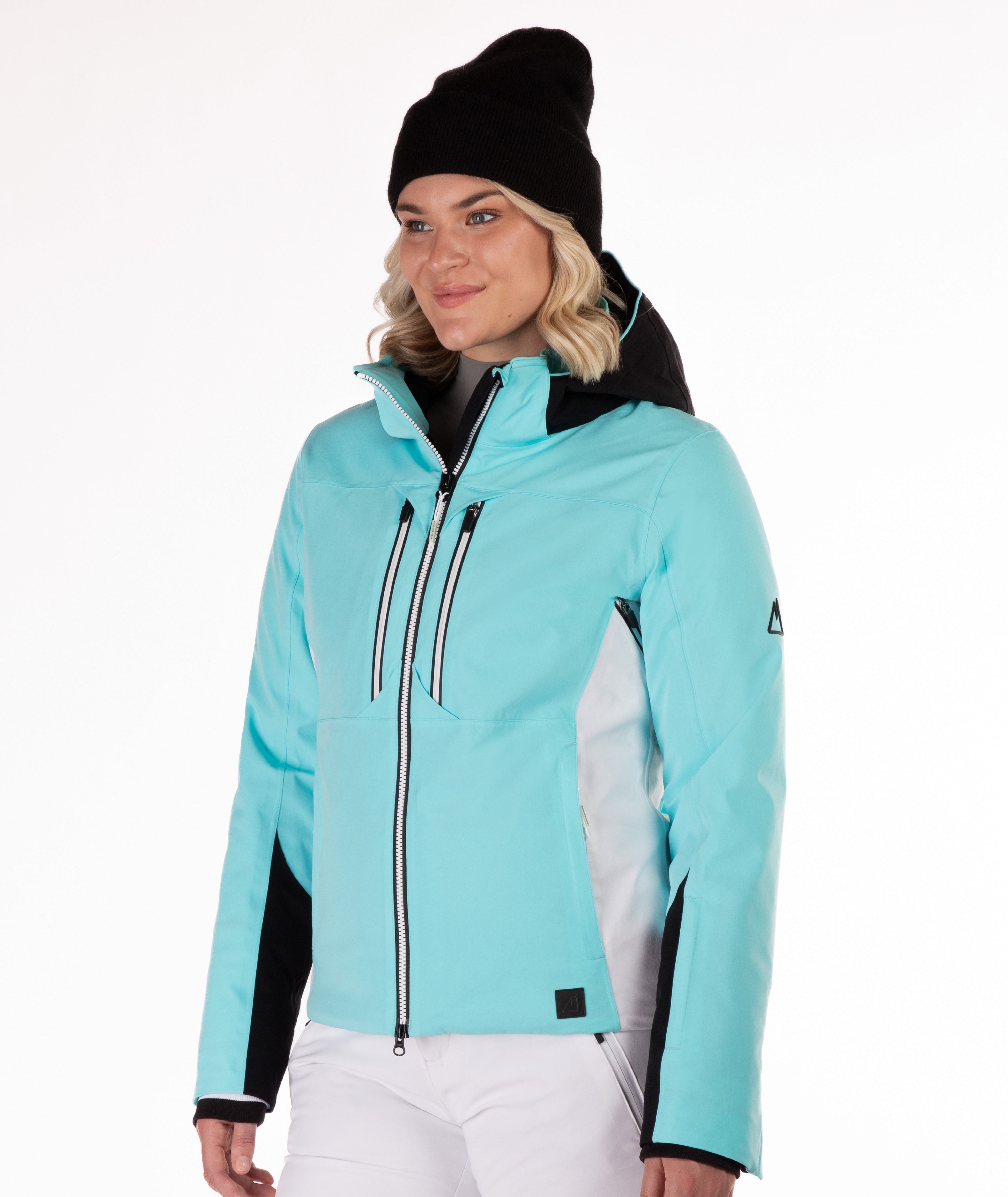 Person wearing a light blue ski jacket with black accents on a white background