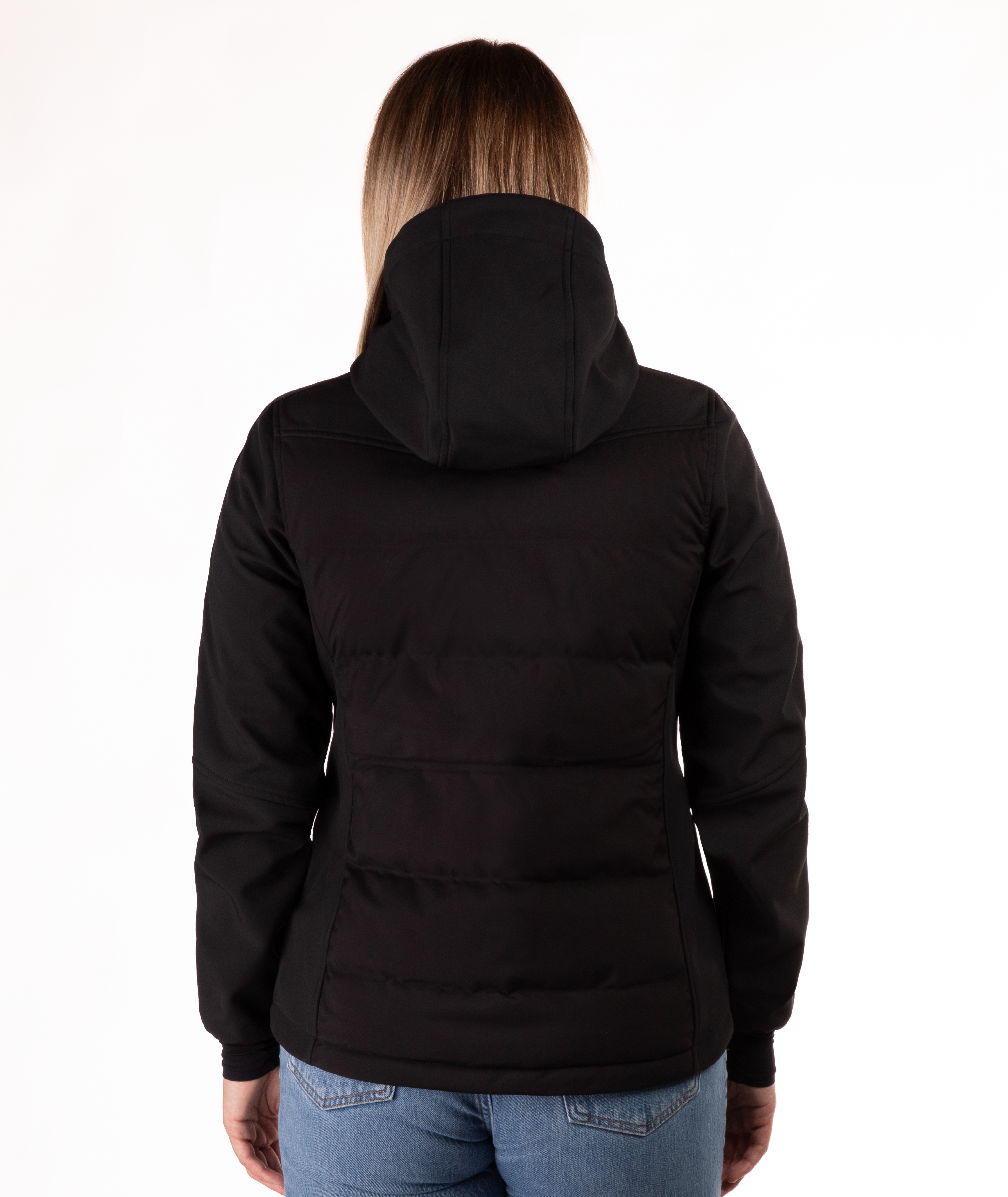 Back view of woman wearing a black jacket on a white background