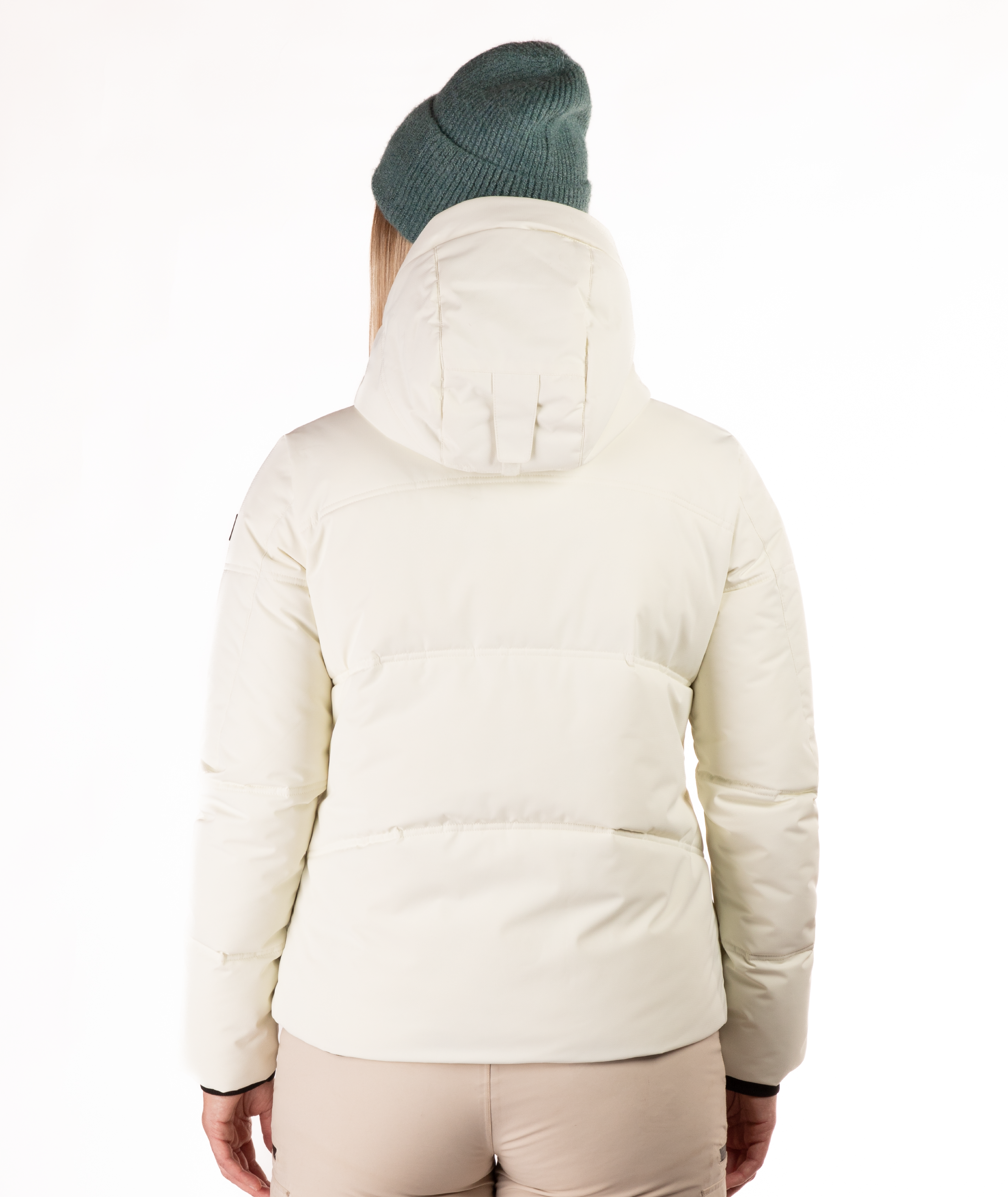 Woman wearing a black quilted winter jacket on a white background showing the back of the jacket and hood