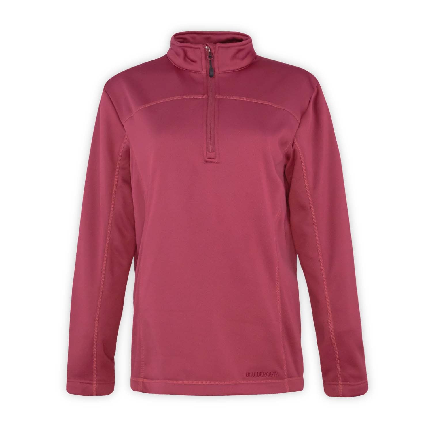 A maroon women's 1/4 zip top with a high neck and long sleeves on a white background