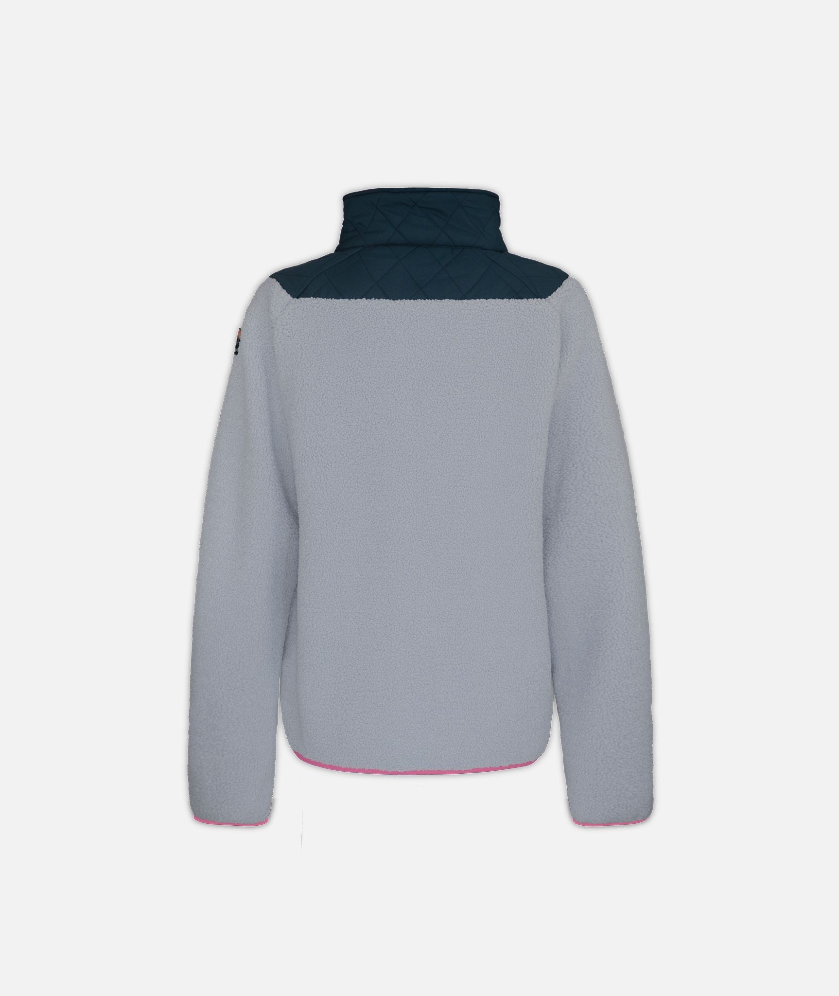 back of a full-zip fleece jacket with a navy and light blue color scheme and pink details on a white background
