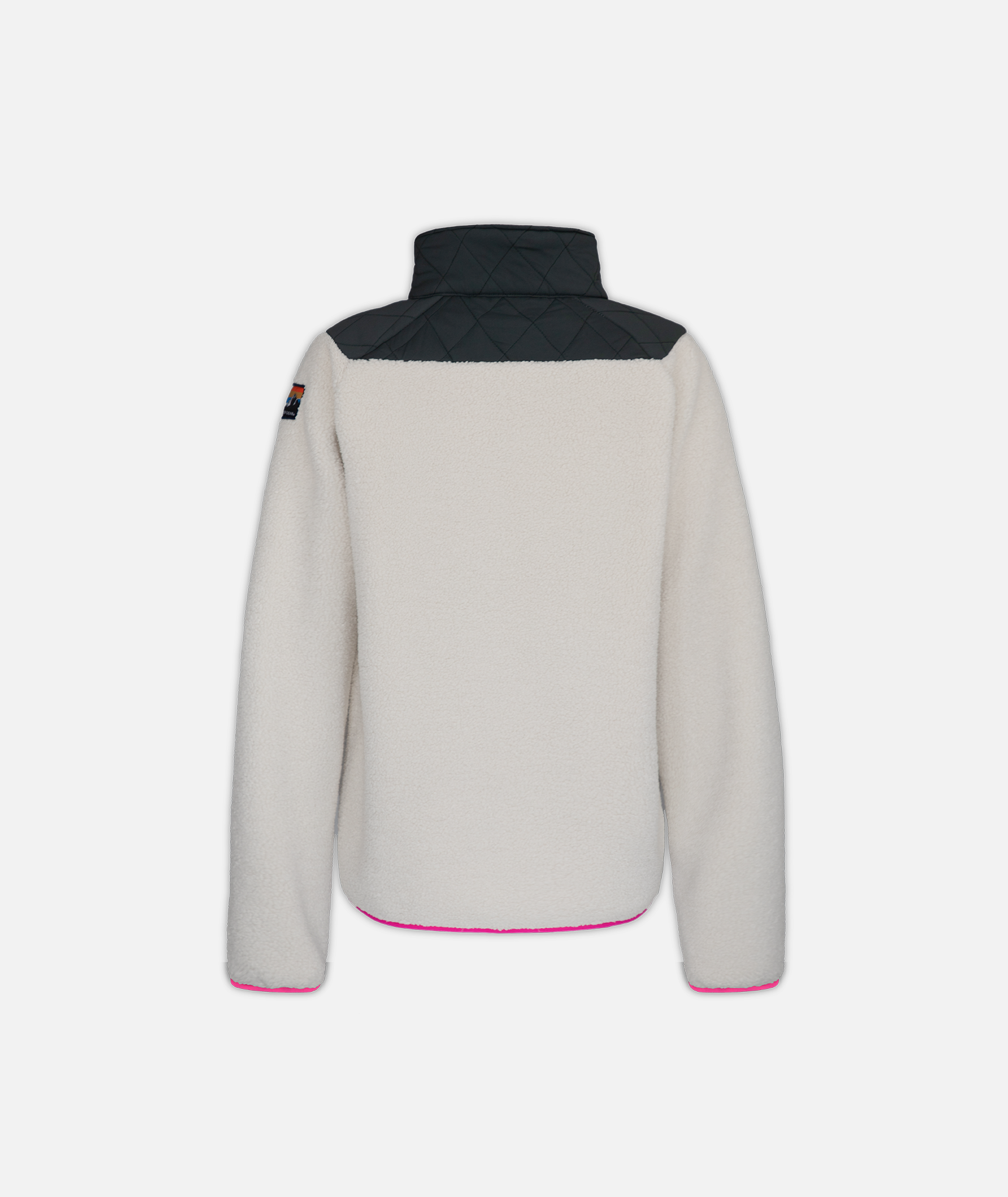 back of a full-zip fleece jacket with a beige and gray color scheme and pink details on a white background