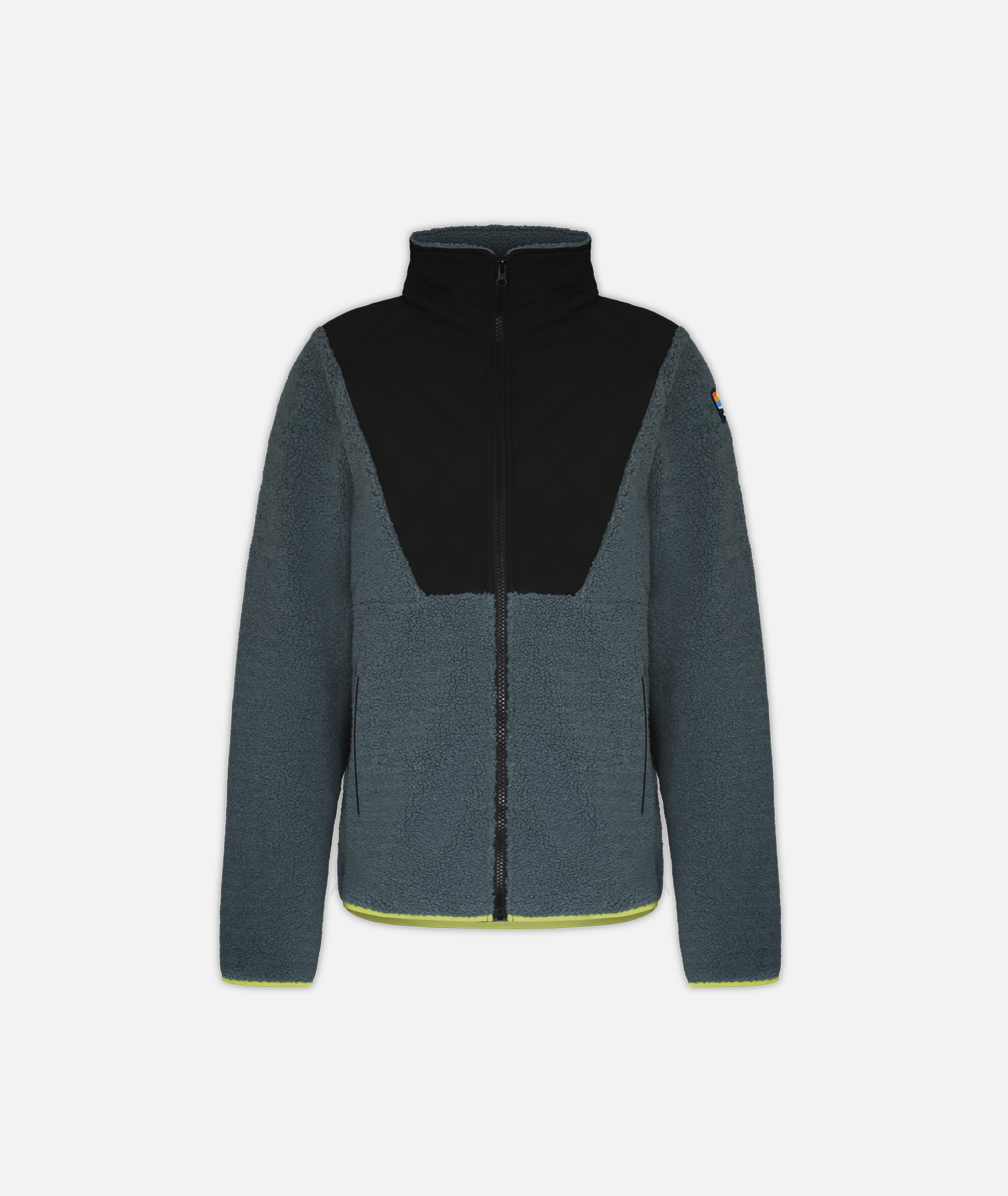 A full-zip fleece jacket with a black and greenish blue color scheme and lime details on a white background