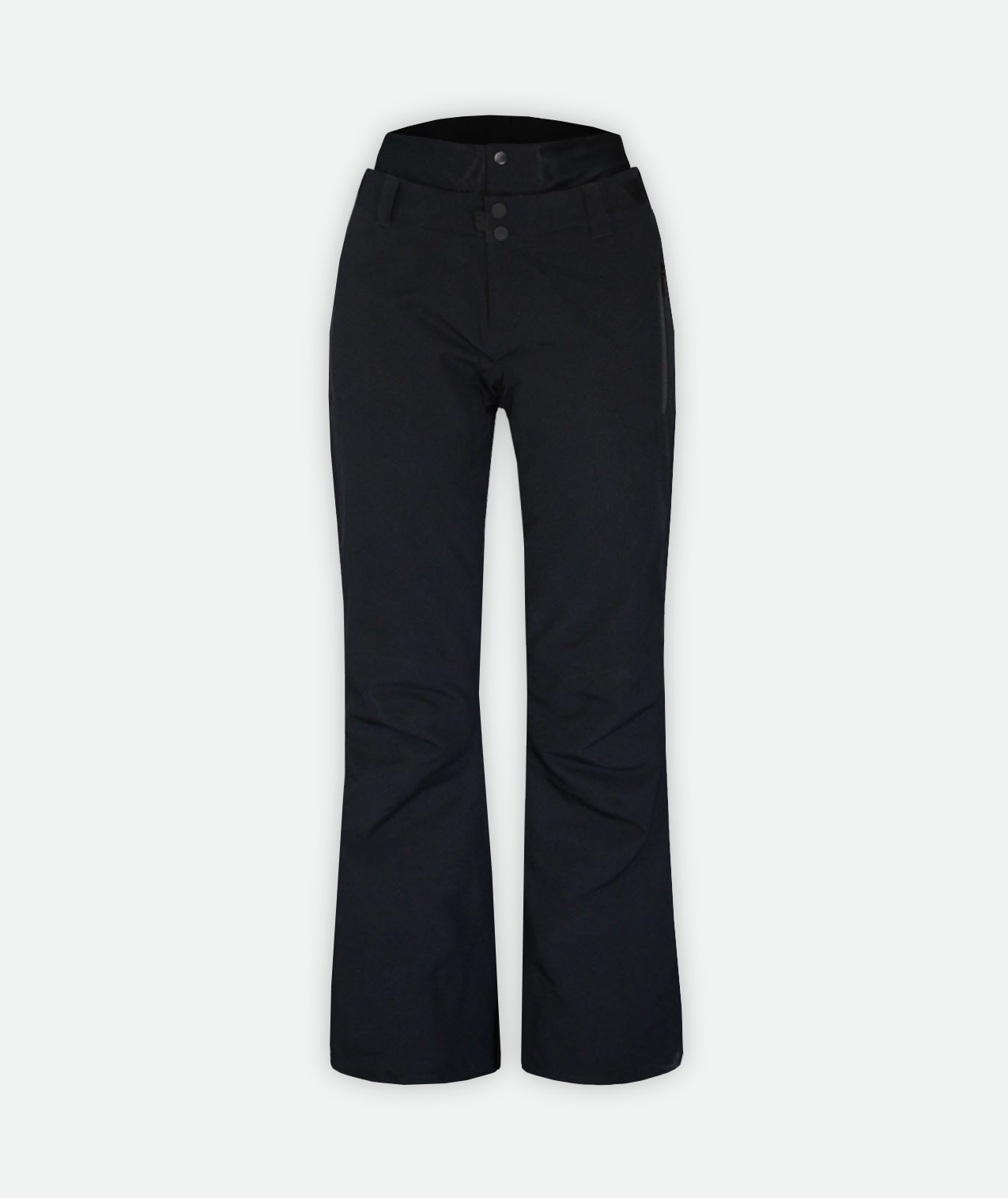 A pair of black ski pants for women with adjustable waistbands and ventilation on a white background.