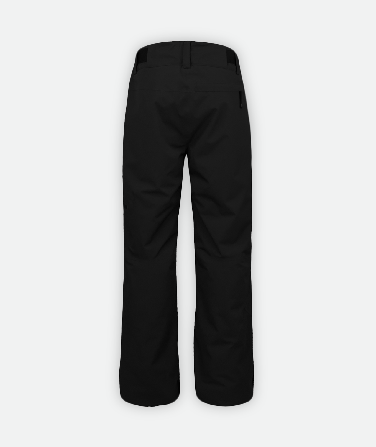 back of a pair of black insulated snow pants on a white background