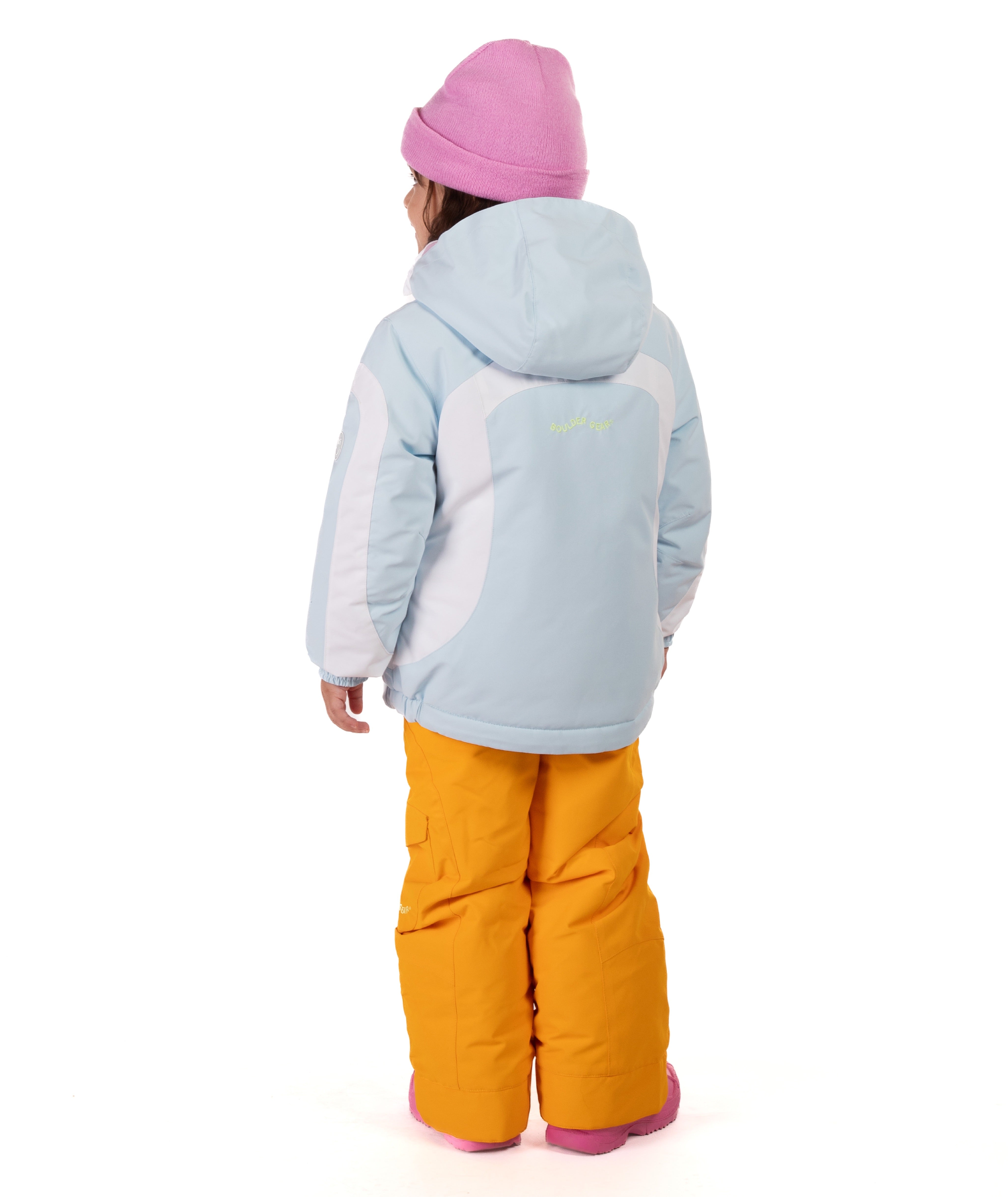 Child wearing a light blue and white jacket on a white background