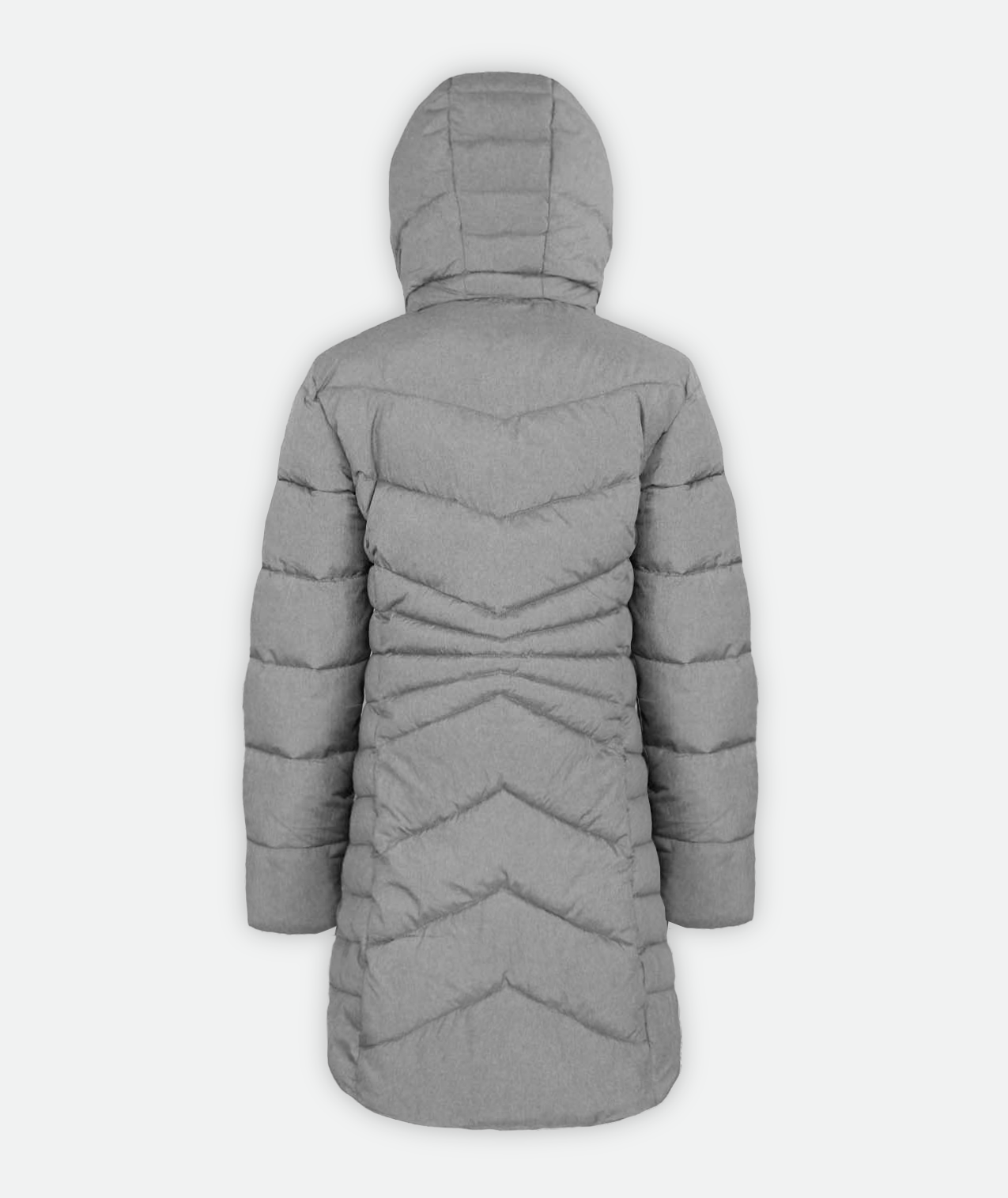 back of A heather gray, mid-length puffy jacket with quilting details and hood on a white background