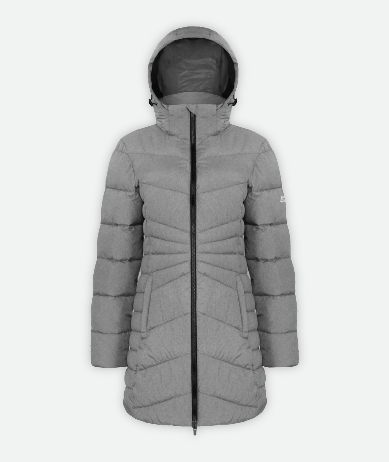 A heather gray, mid-length puffy jacket with quilting details and hood on a white background
