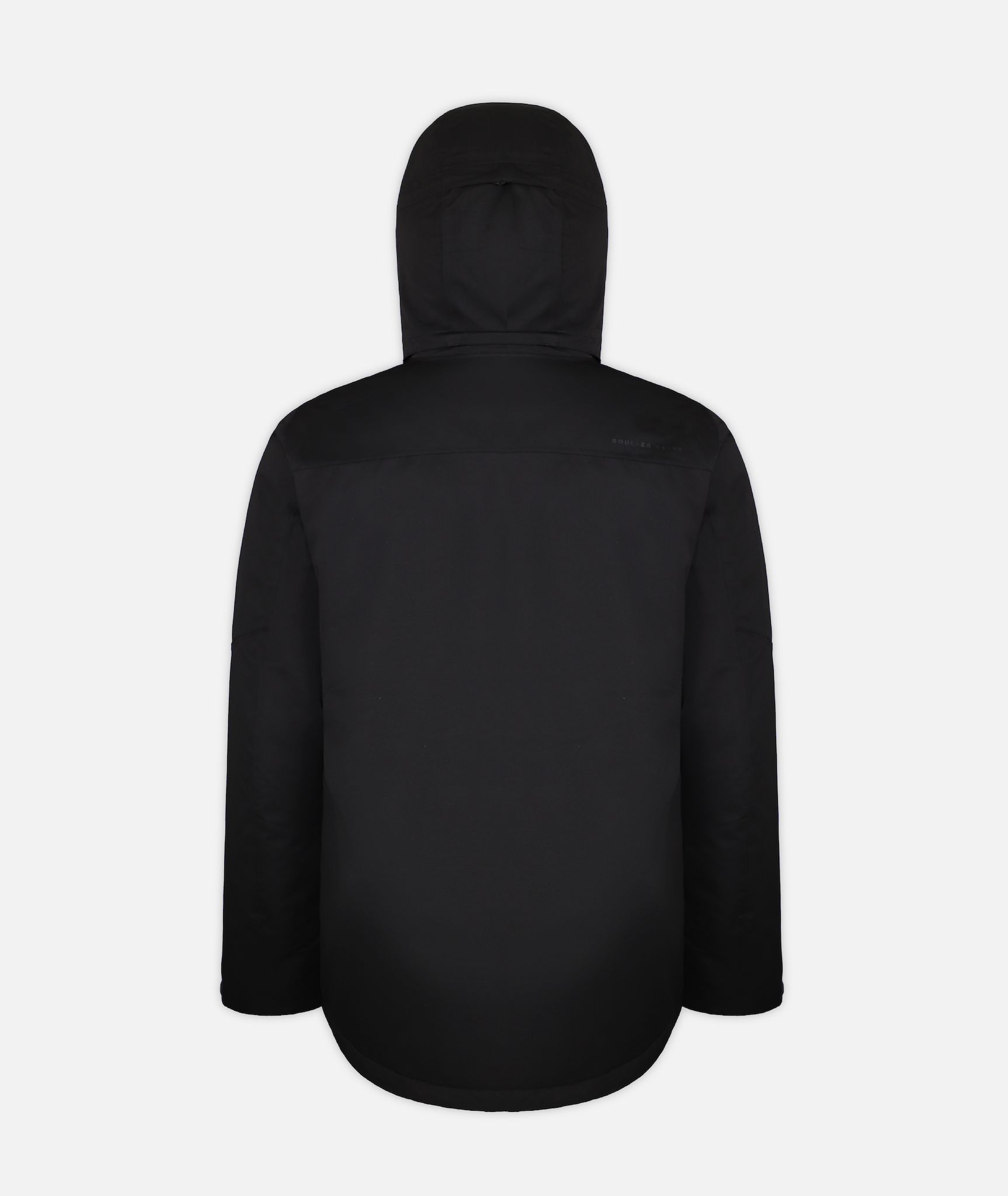 back of a men's insulated jacket in black heather color with a hood, featuring multiple pockets on a white background.