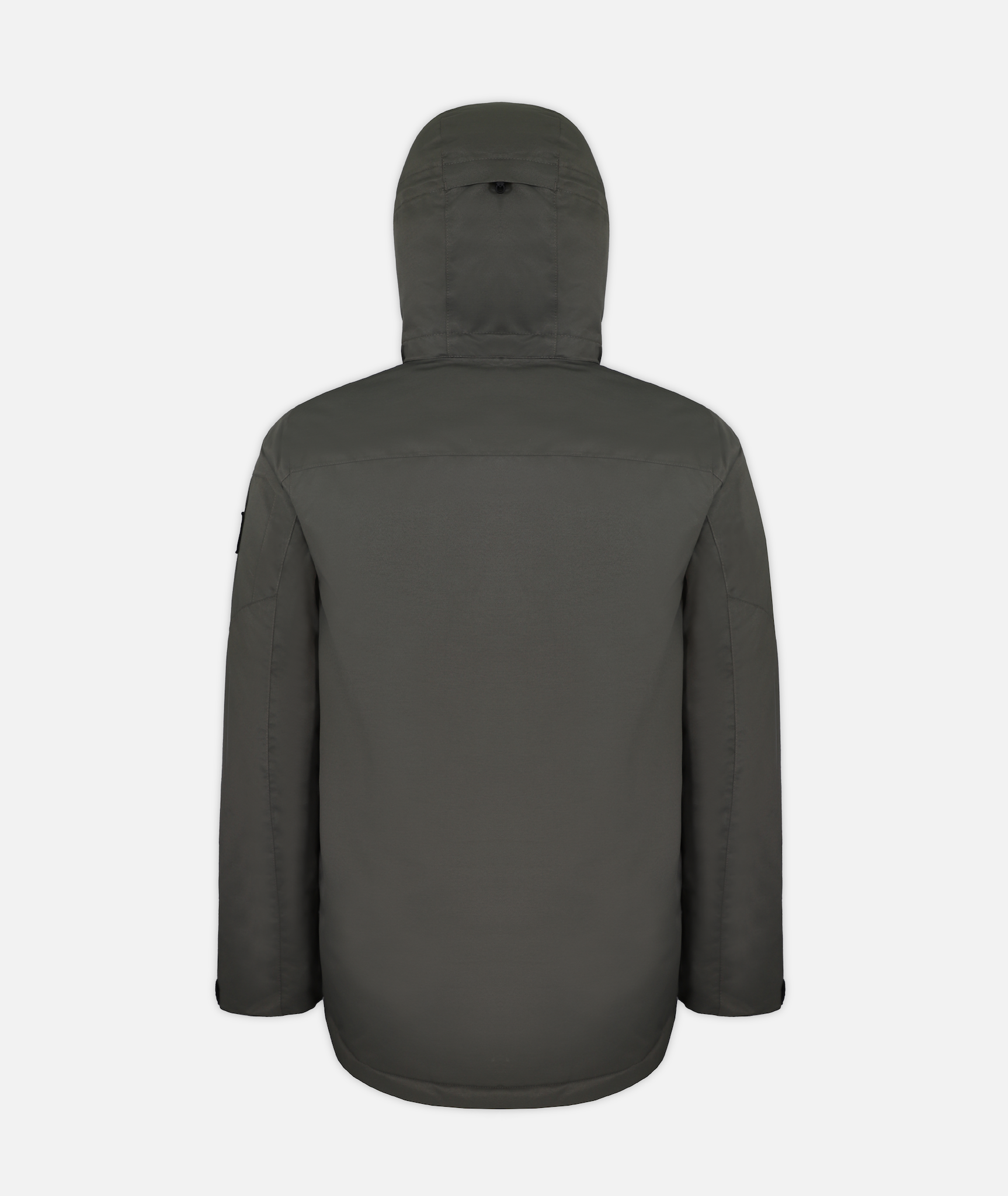 back of a men's insulated jacket in dark olive green heathered color with a hood, featuring multiple pockets on a white background.