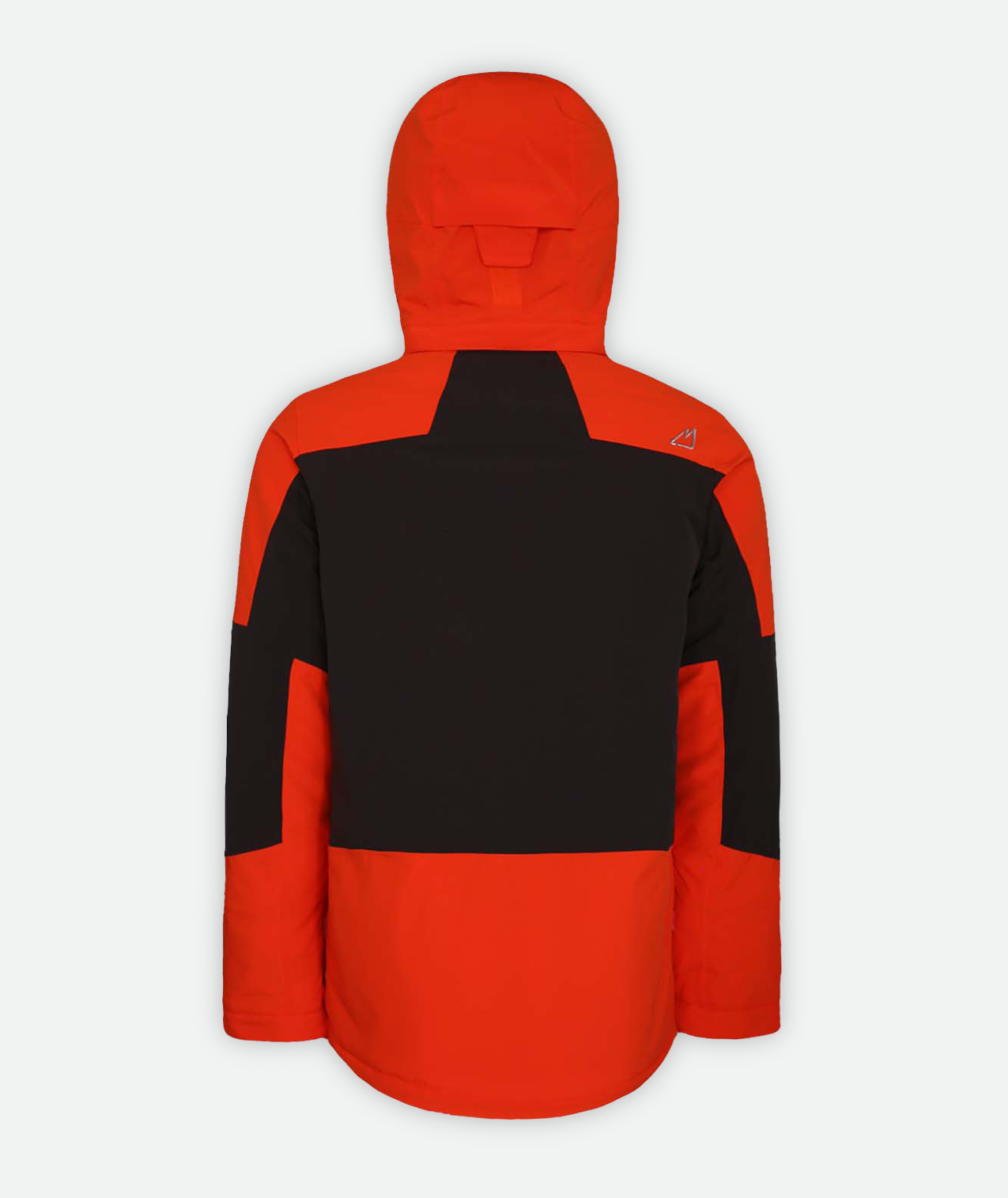 back of red and black ski jacket with hood on a white background