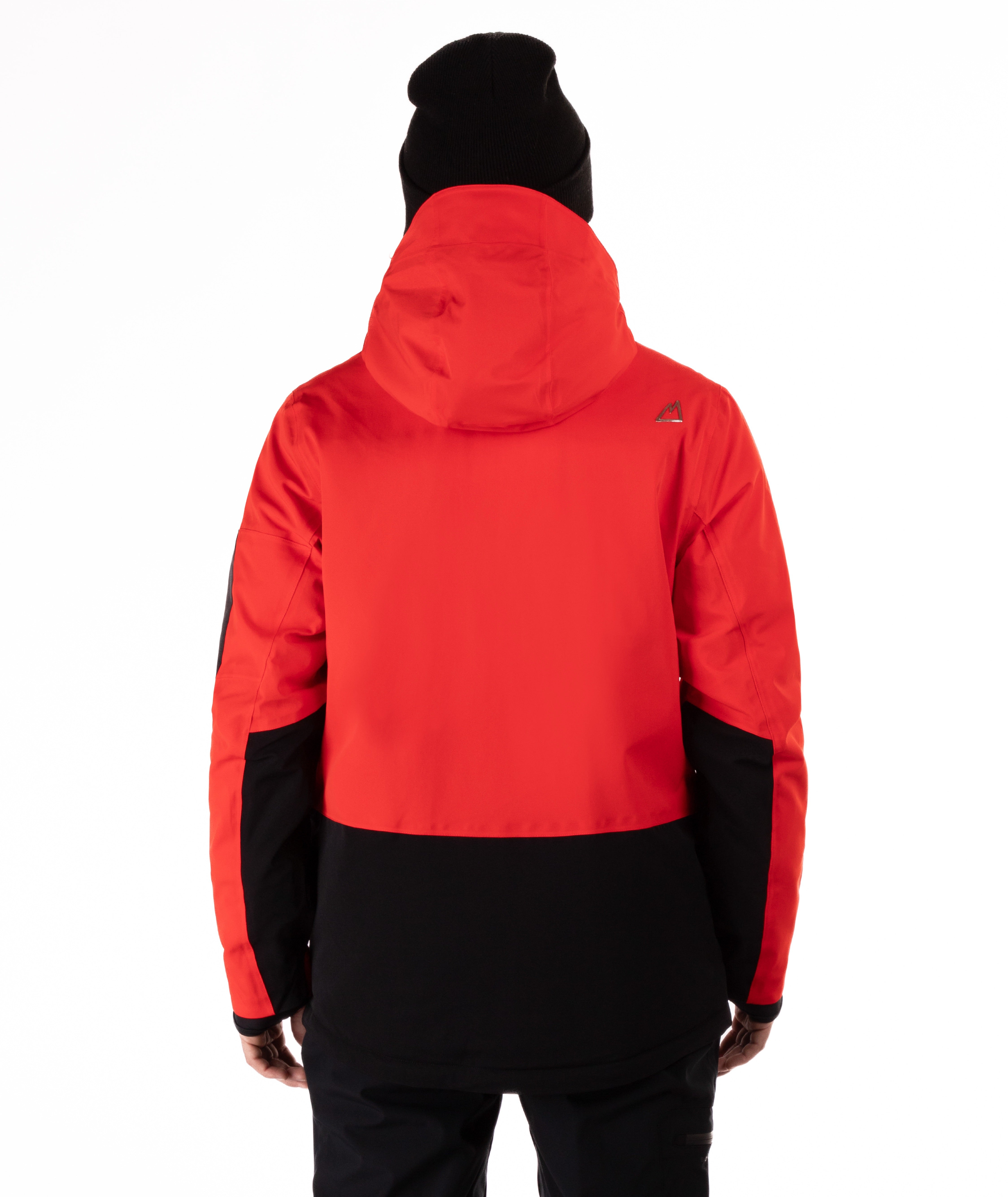 back of a person wearing a red and black jacket on a white background