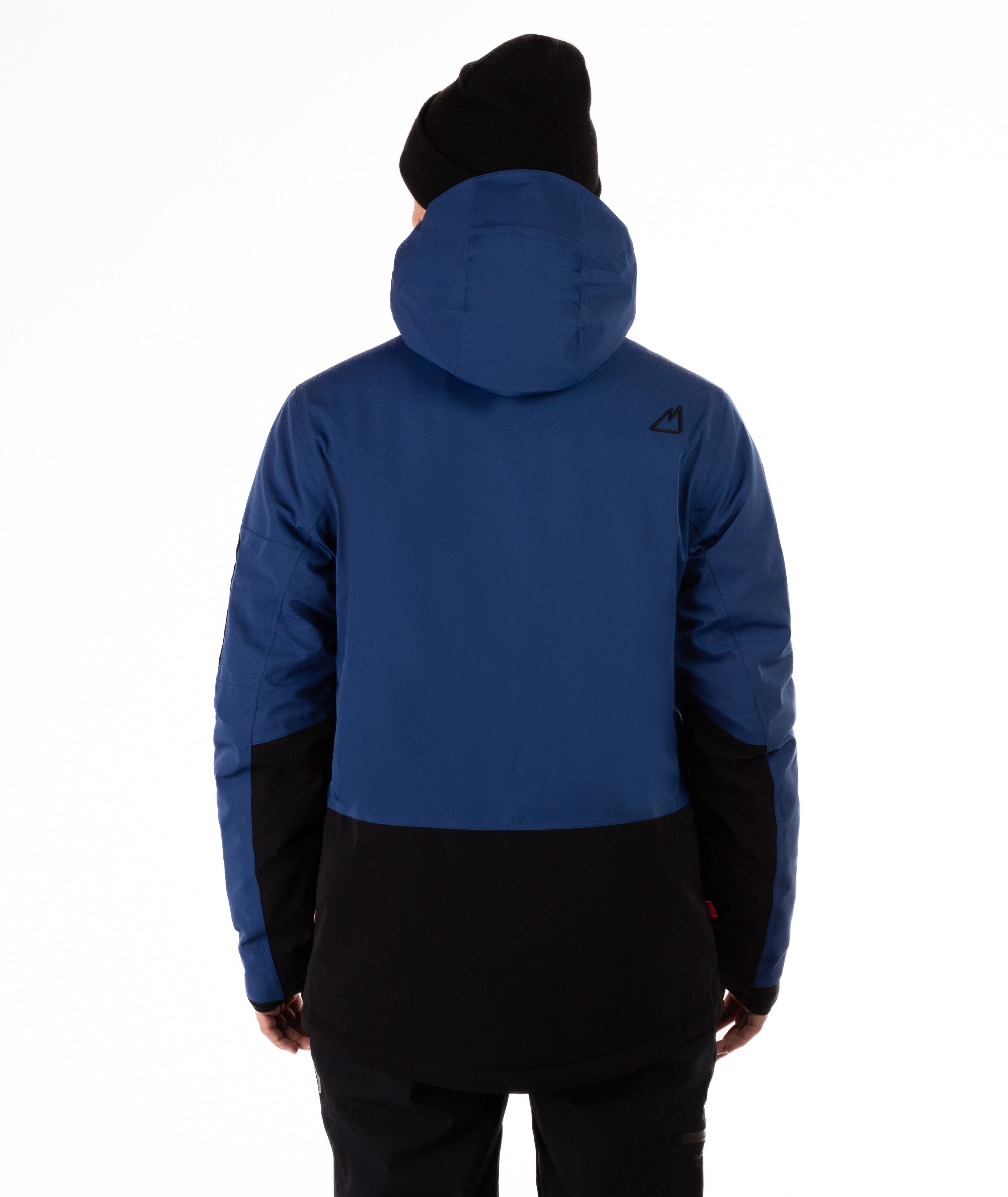 back of person wearing a blue and black jacket with a hood on a white background