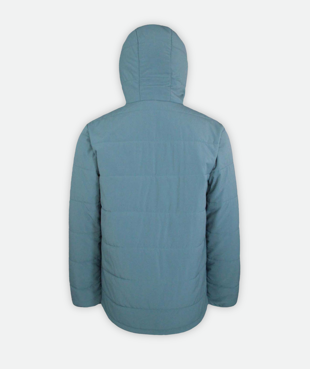back of a full zip hoodie jacket in blue with an attached hood on a white background