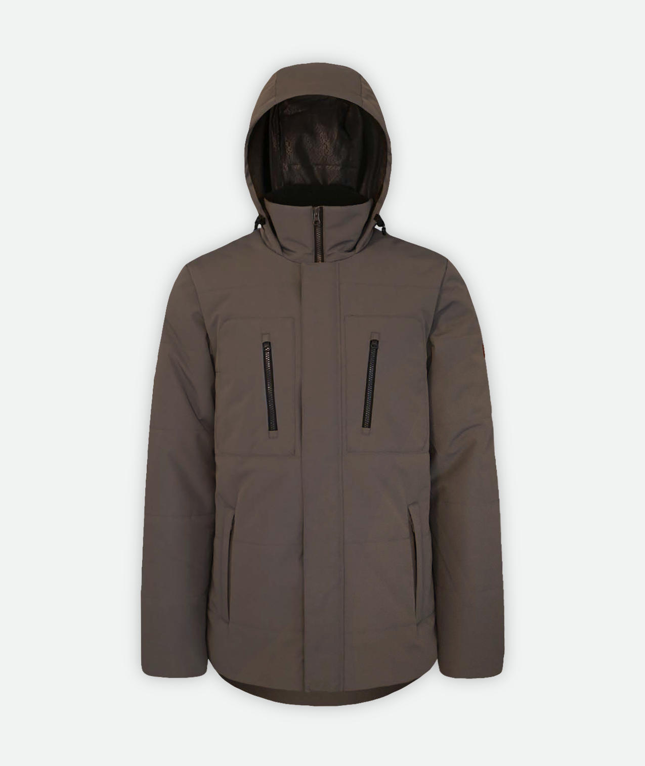 brown jacket with black zippers and hood on a white background