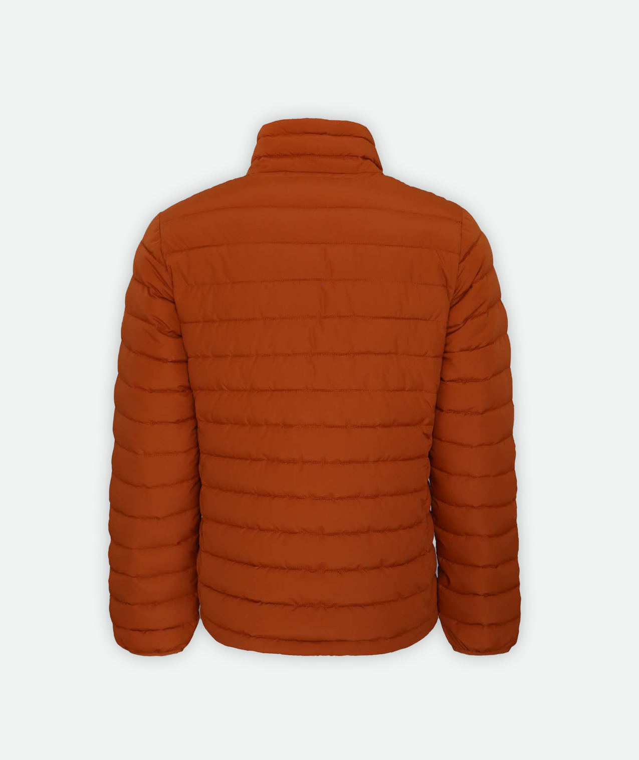 back of orange Puffy Jacket with a black zipper on a white background