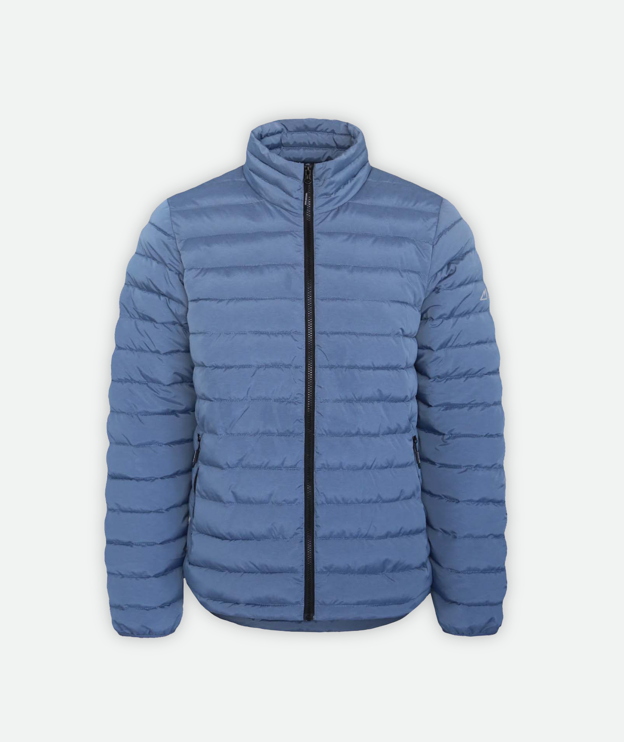 Blue Puffy Jacket with a black zipper on a white background