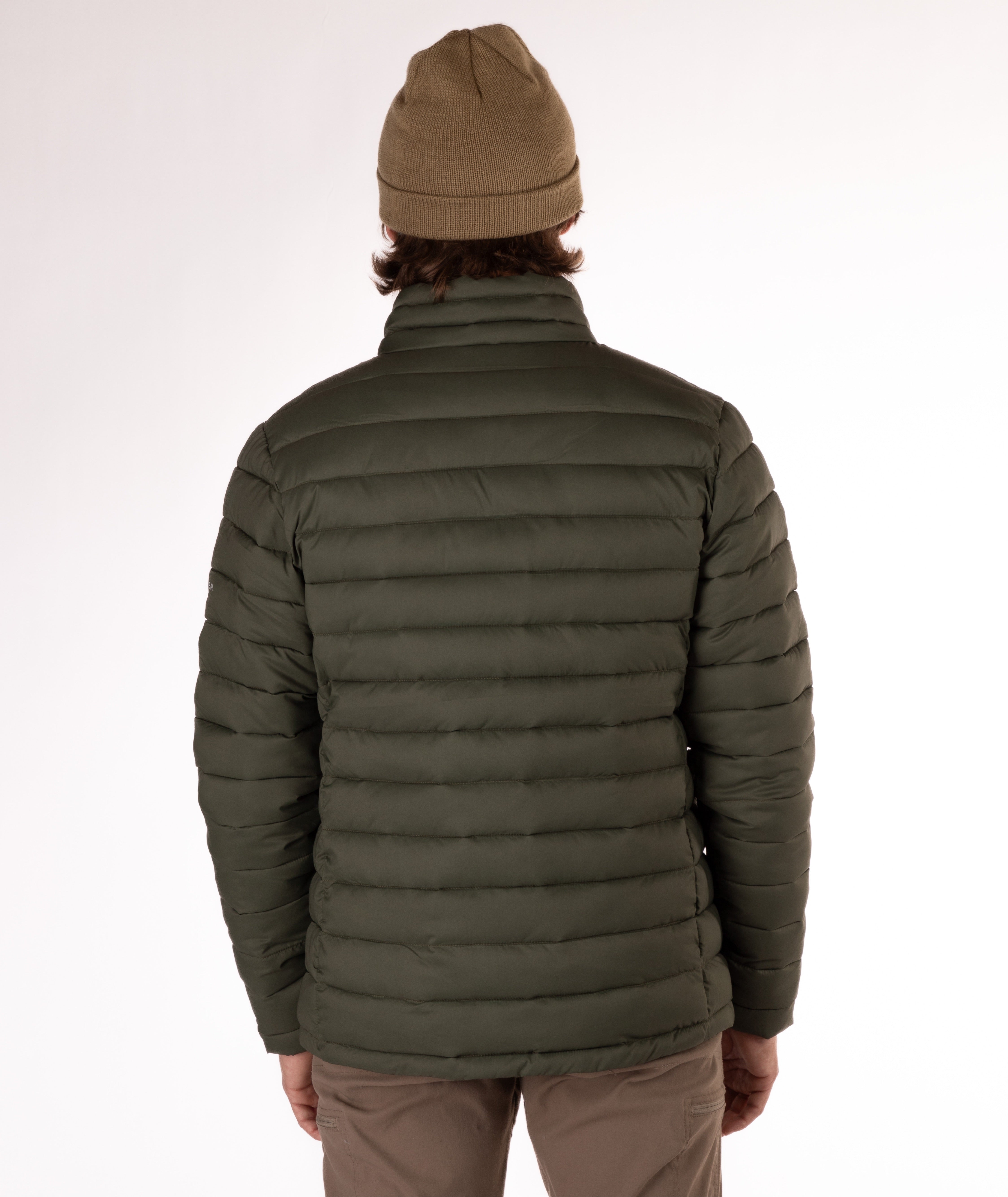 back of Man wearing a green puffer jacket on a white background