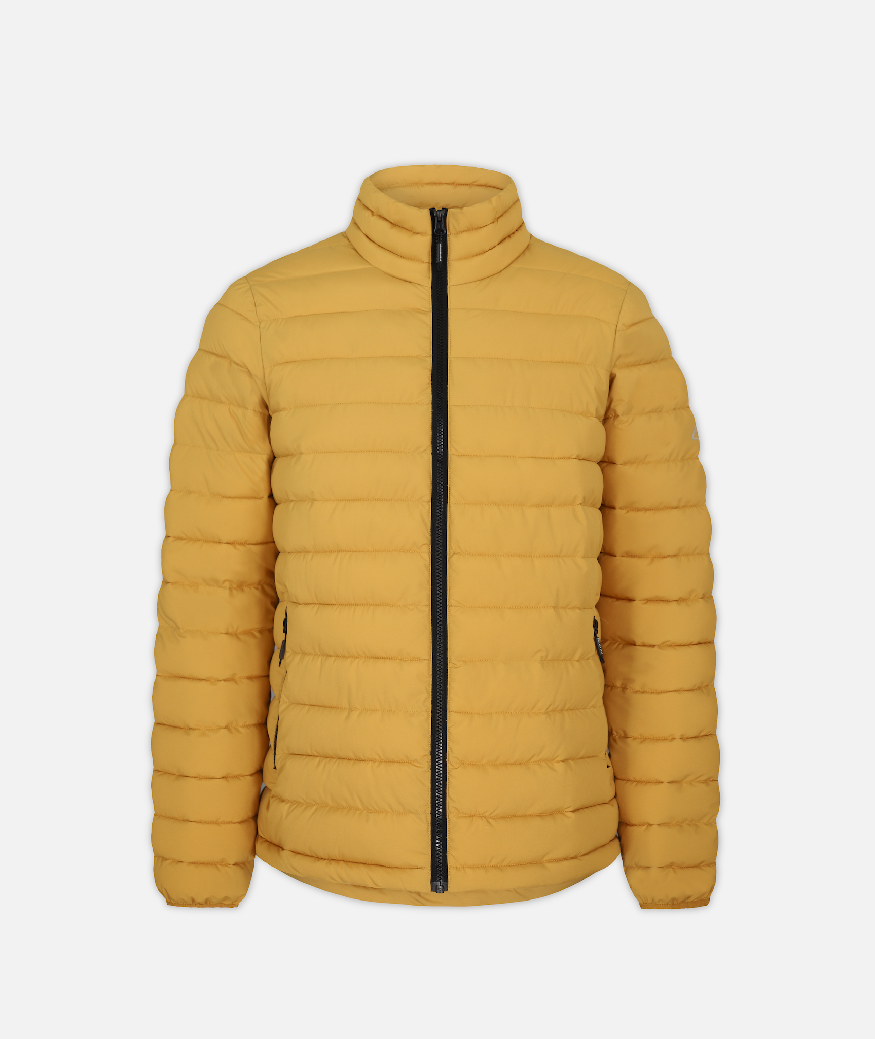 yellow puffer jacket with black zippers on a white background