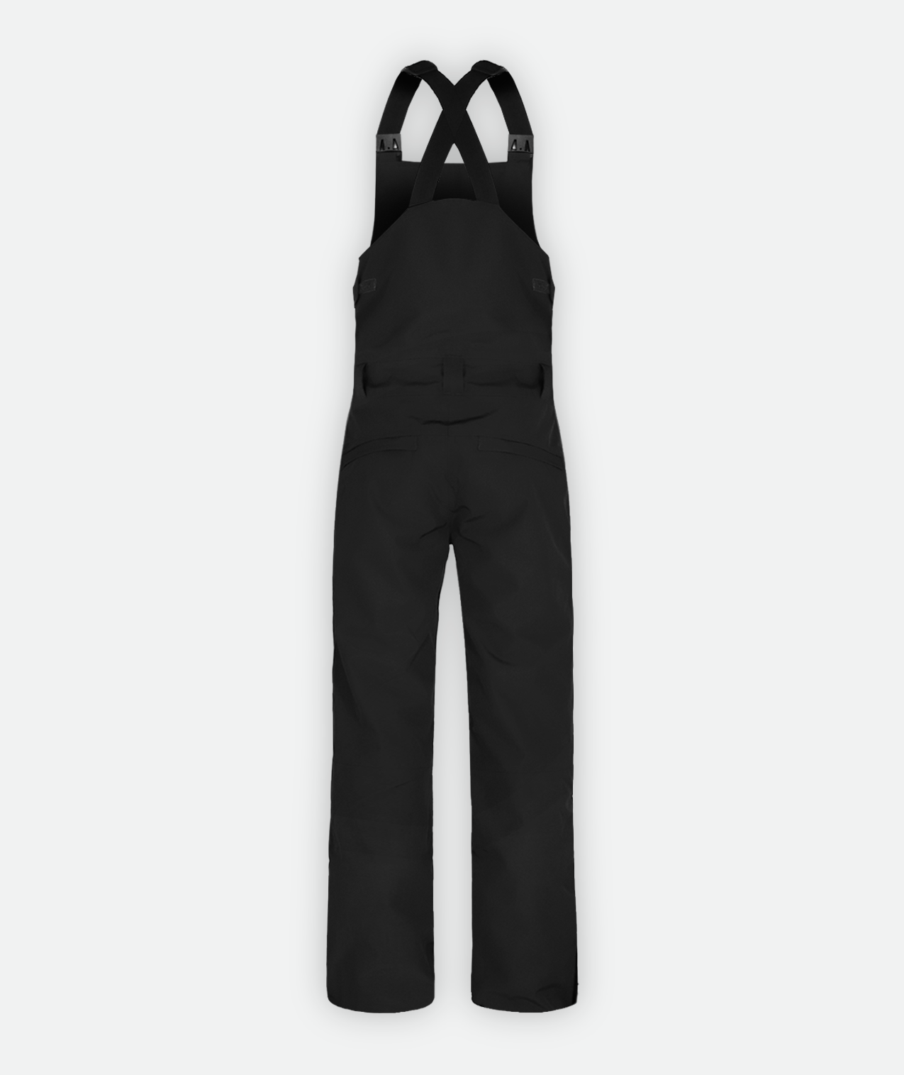 back of black snow bibs on a white background