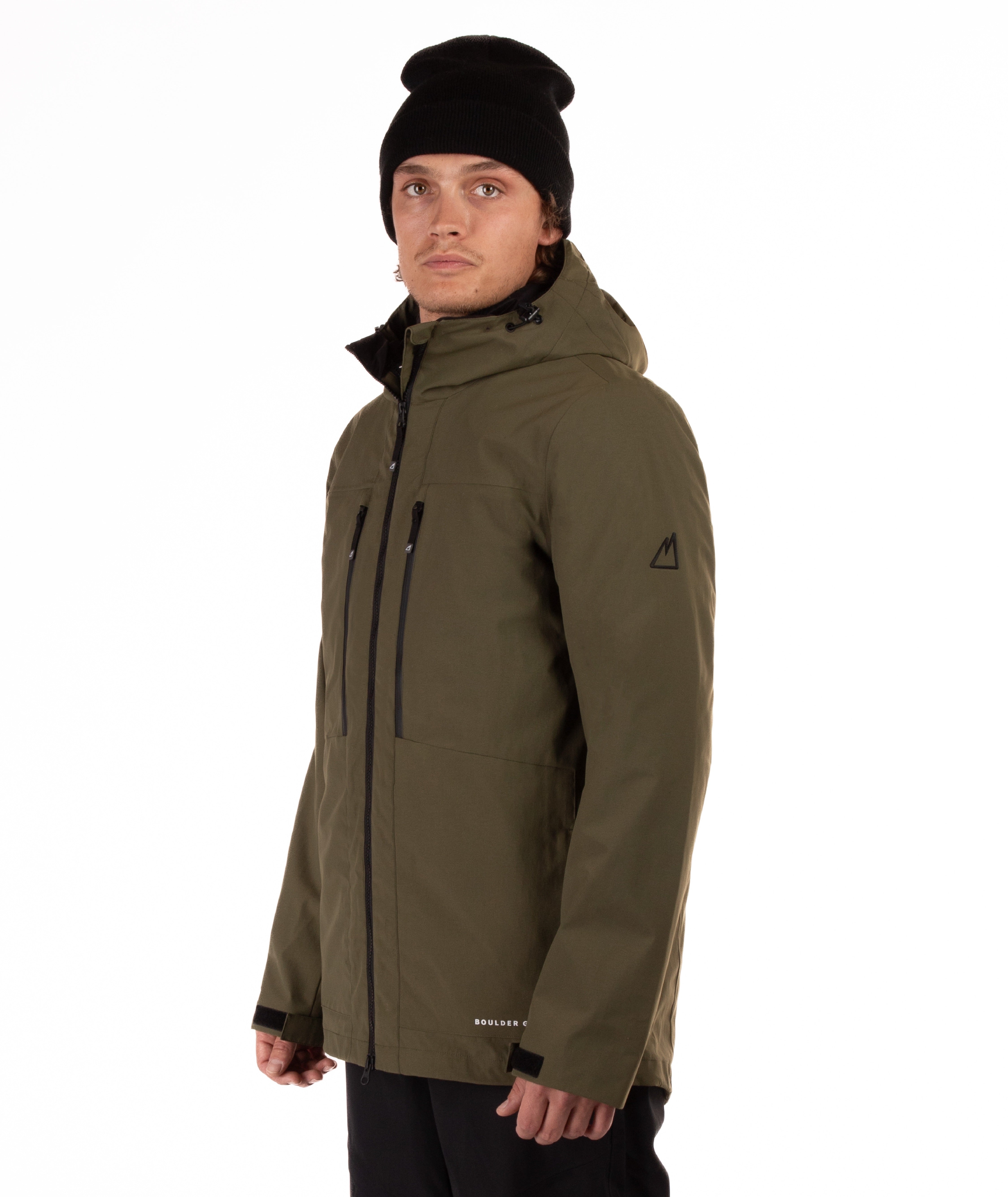 Man wearing a green jacket with black zippers on a white background