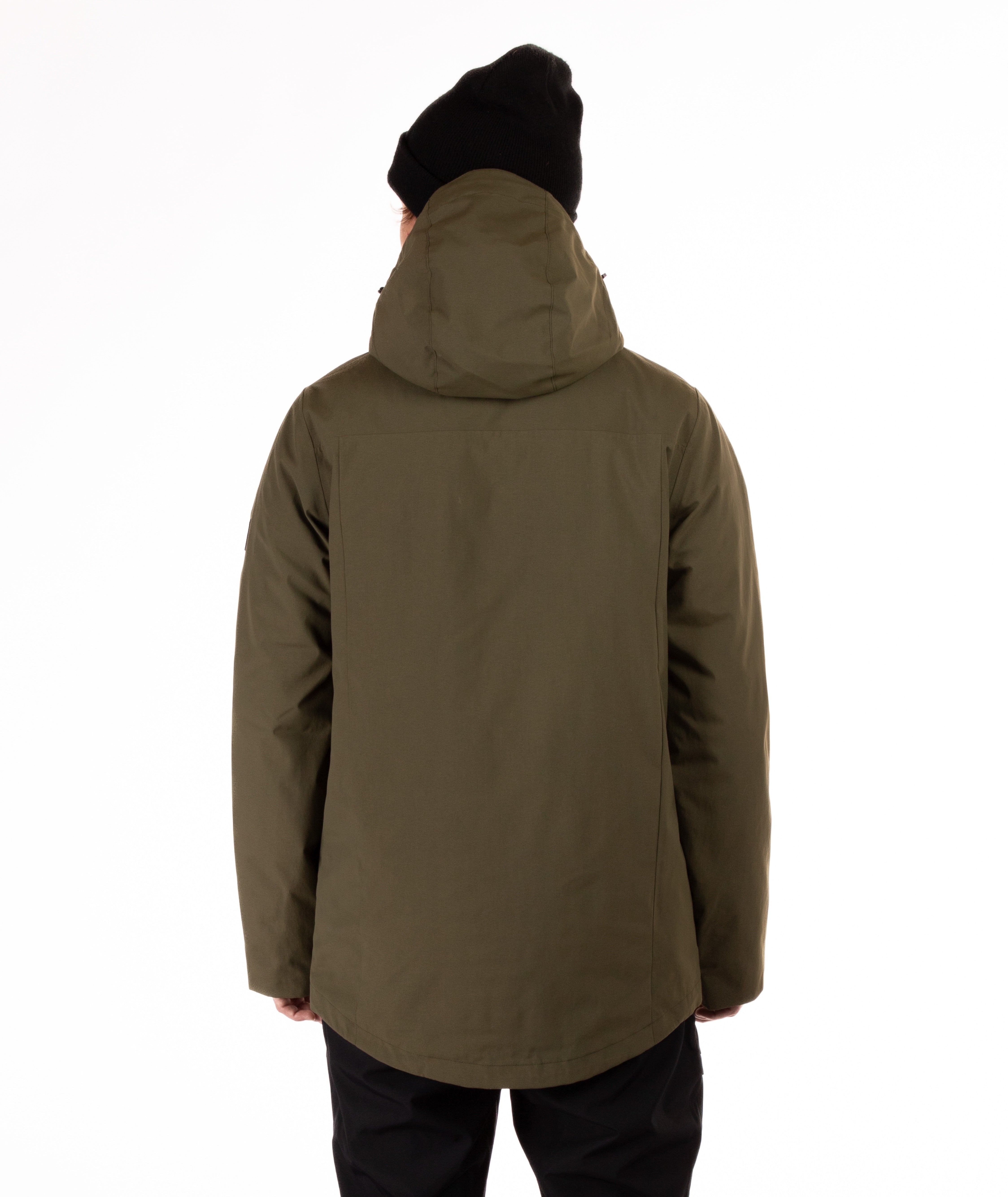 back of a man wearing a green jacket with black zippers on a white background