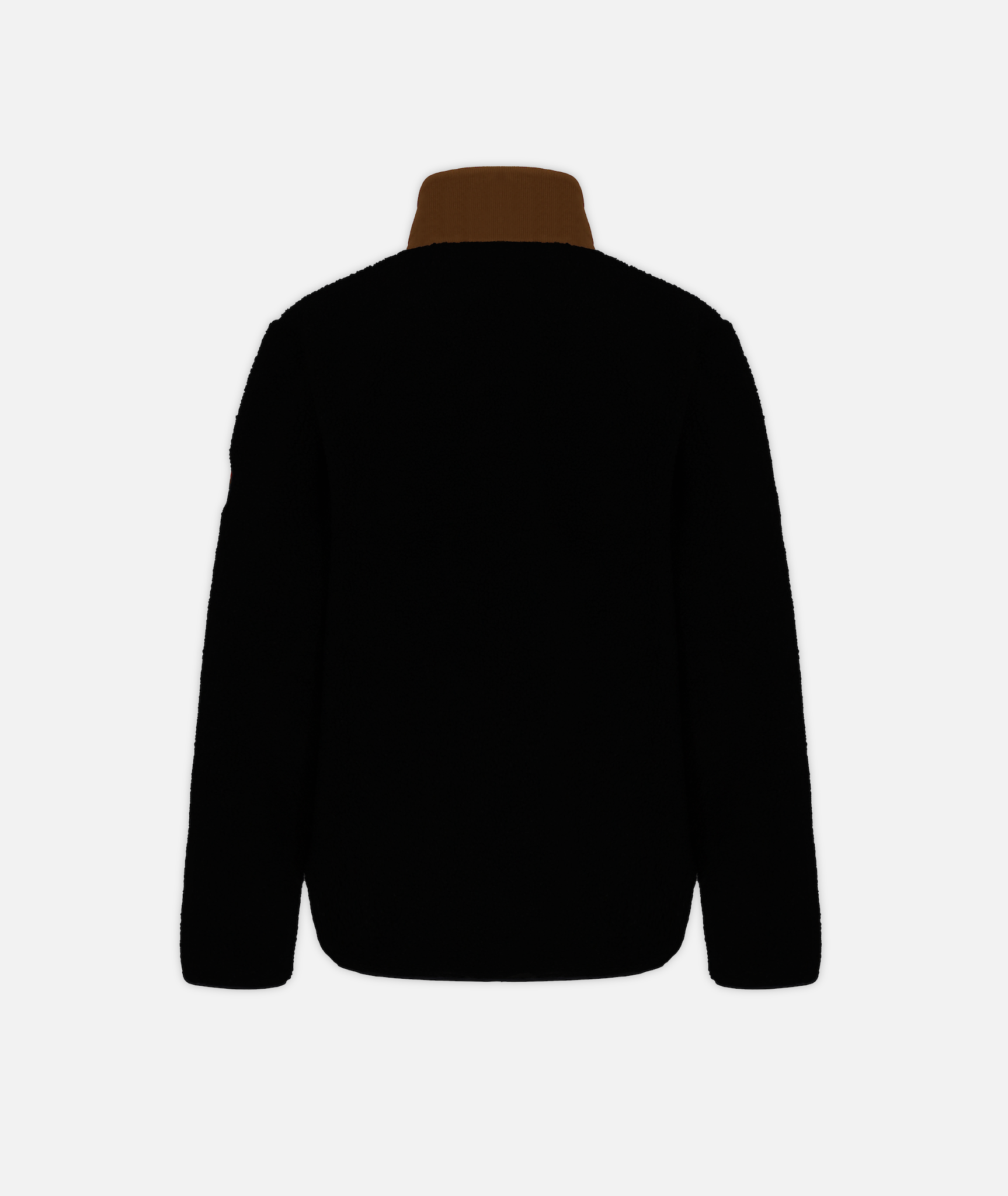 back of a black fleece jacket with brown collar on a white background