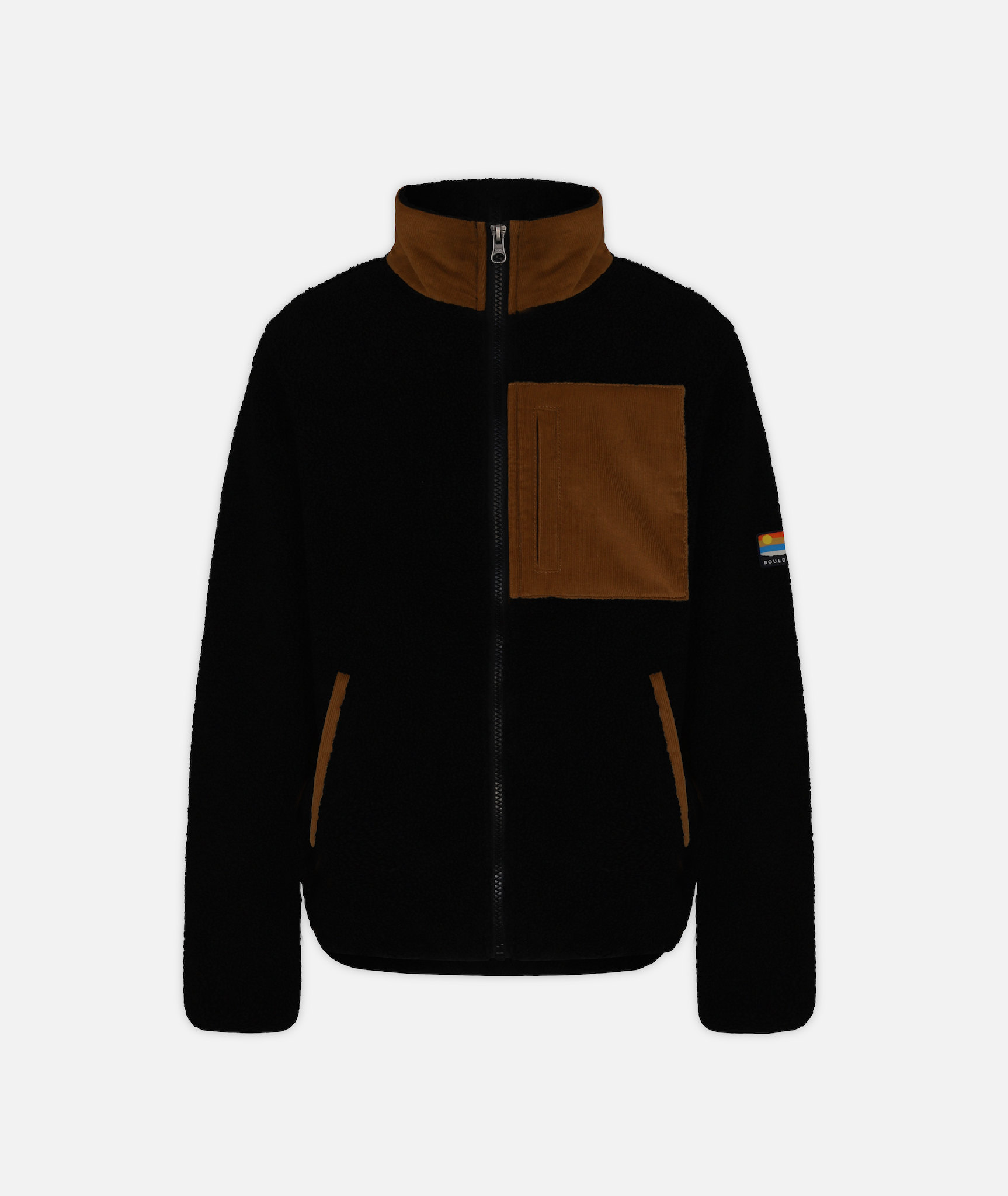 a black fleece jacket with brown chest pocket and collar on a white background