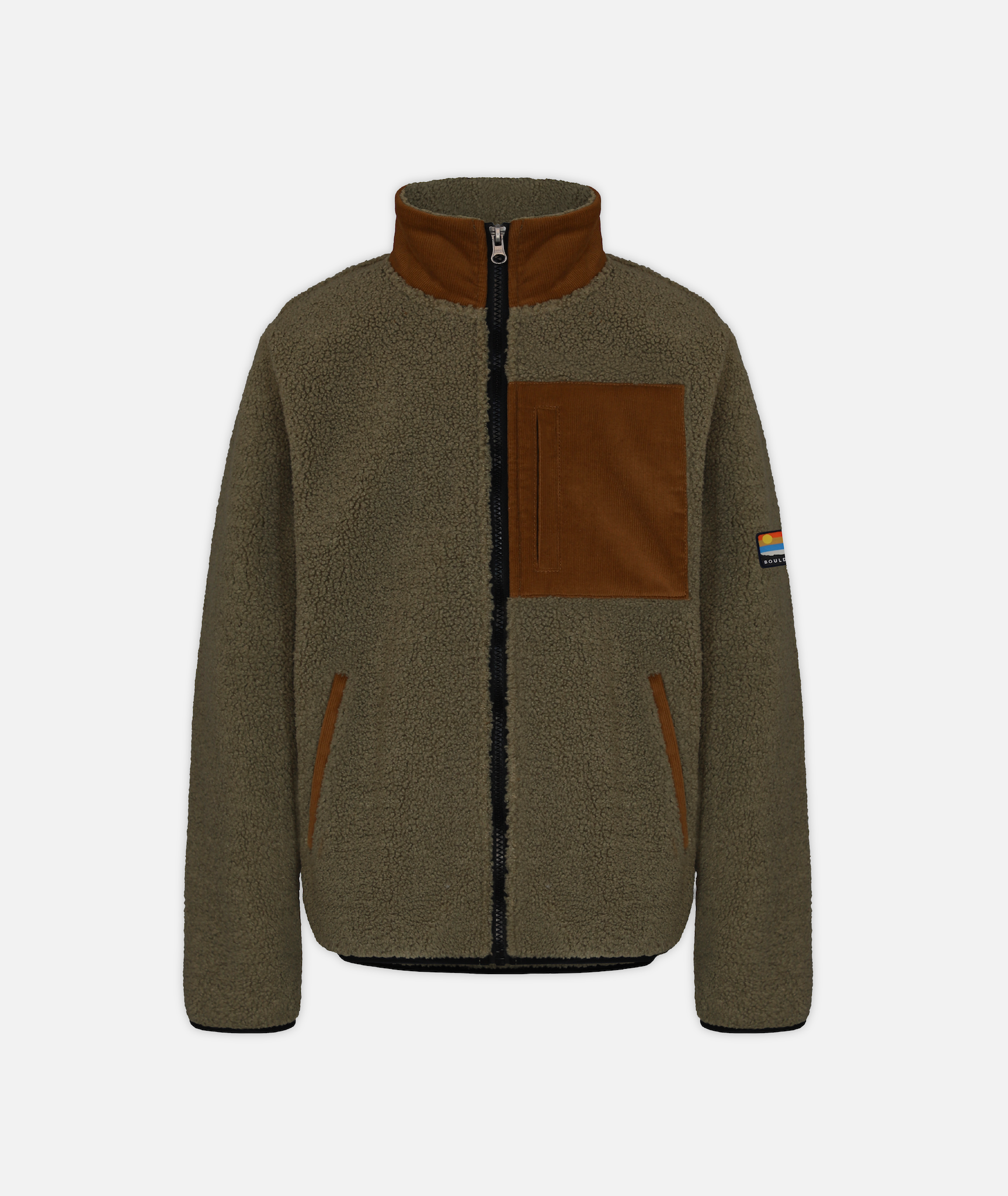 a green fleece jacket with brown chest pocket and collar on a white background
