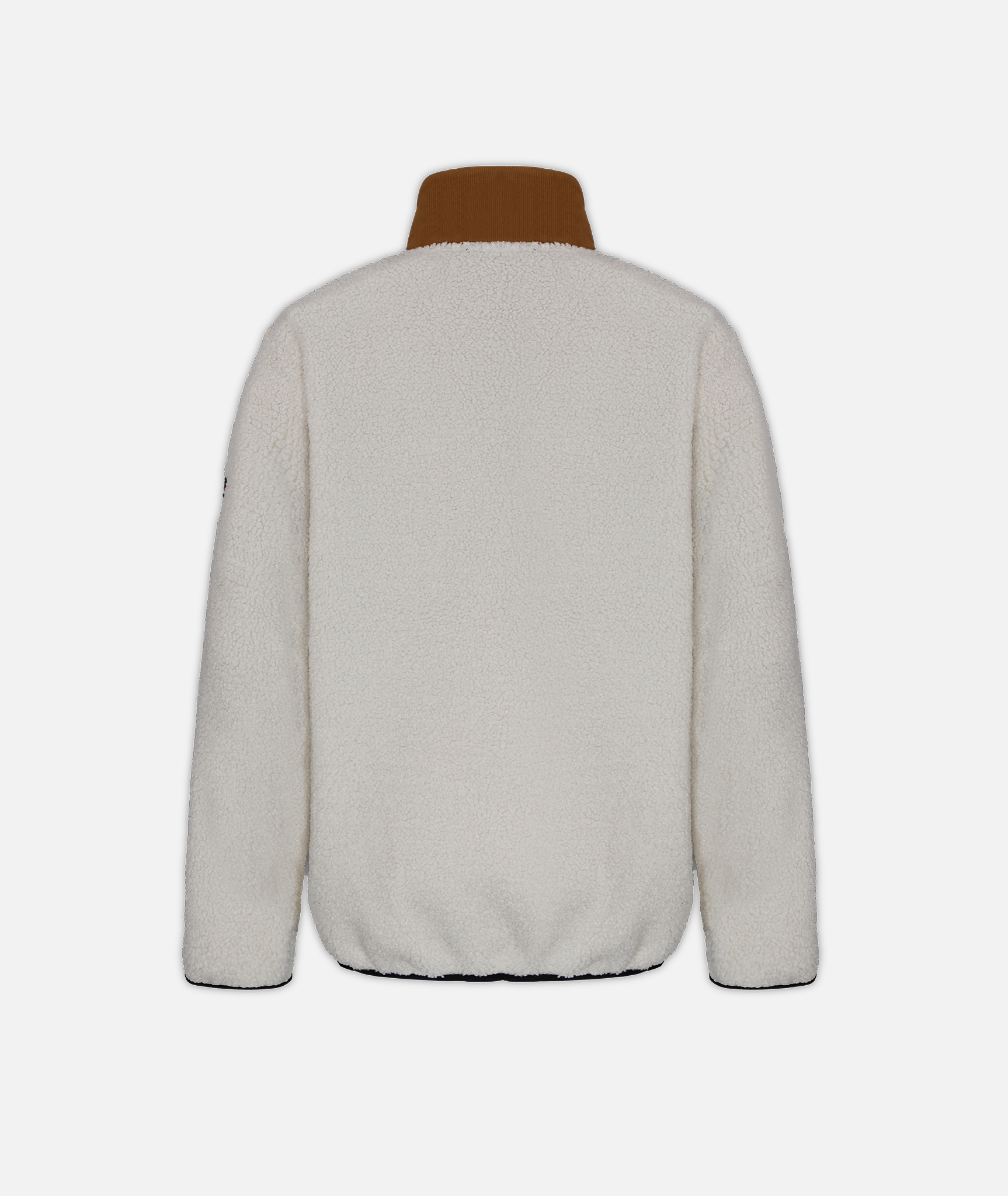 a cream fleece jacket with brown collar on a white background
