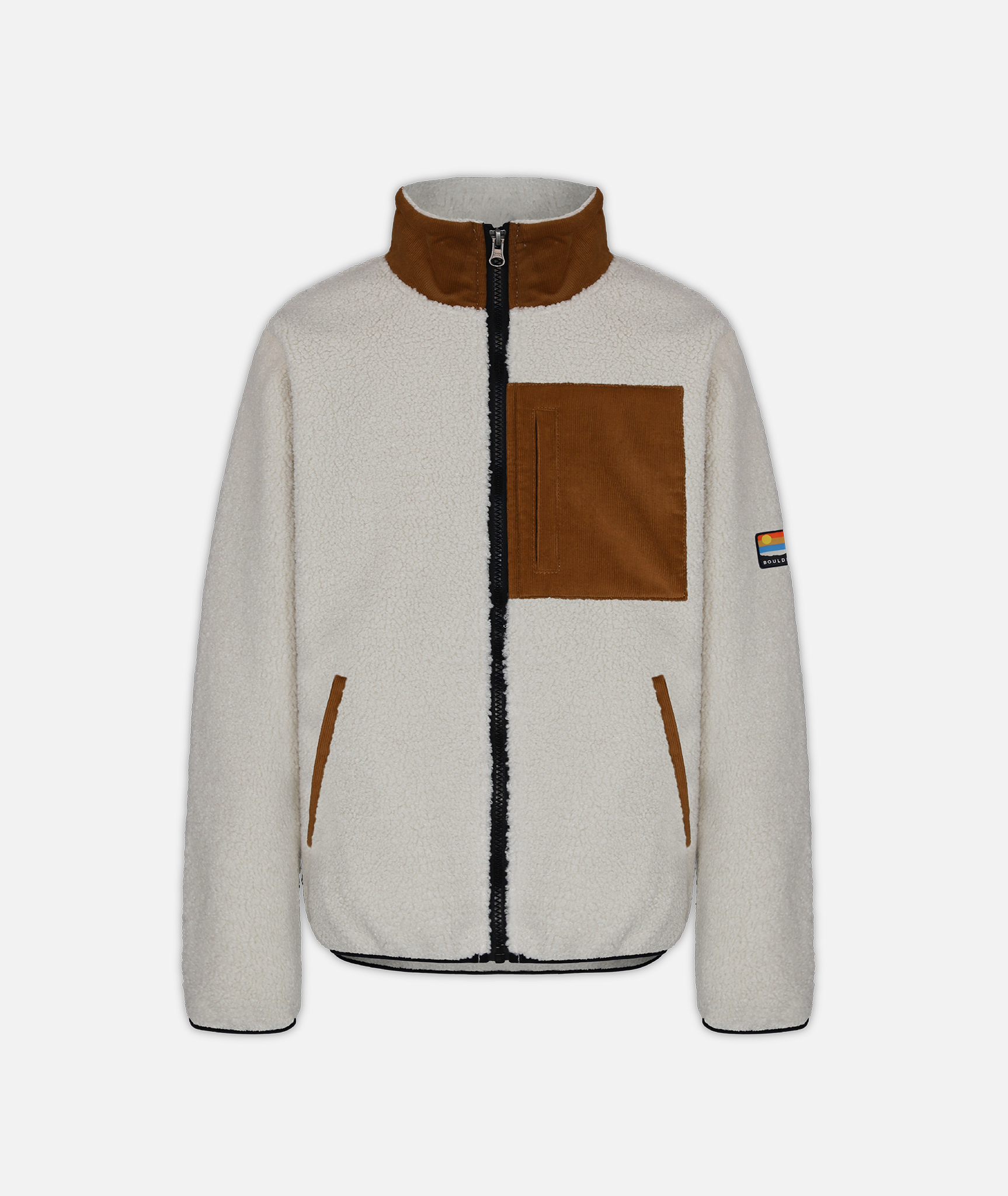 a cream fleece jacket with brown chest pocket and collar on a white background