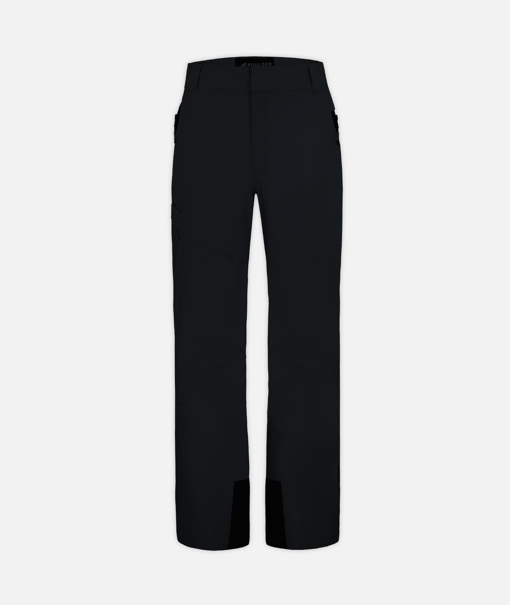 A pair of men's black snow pants on a white background
