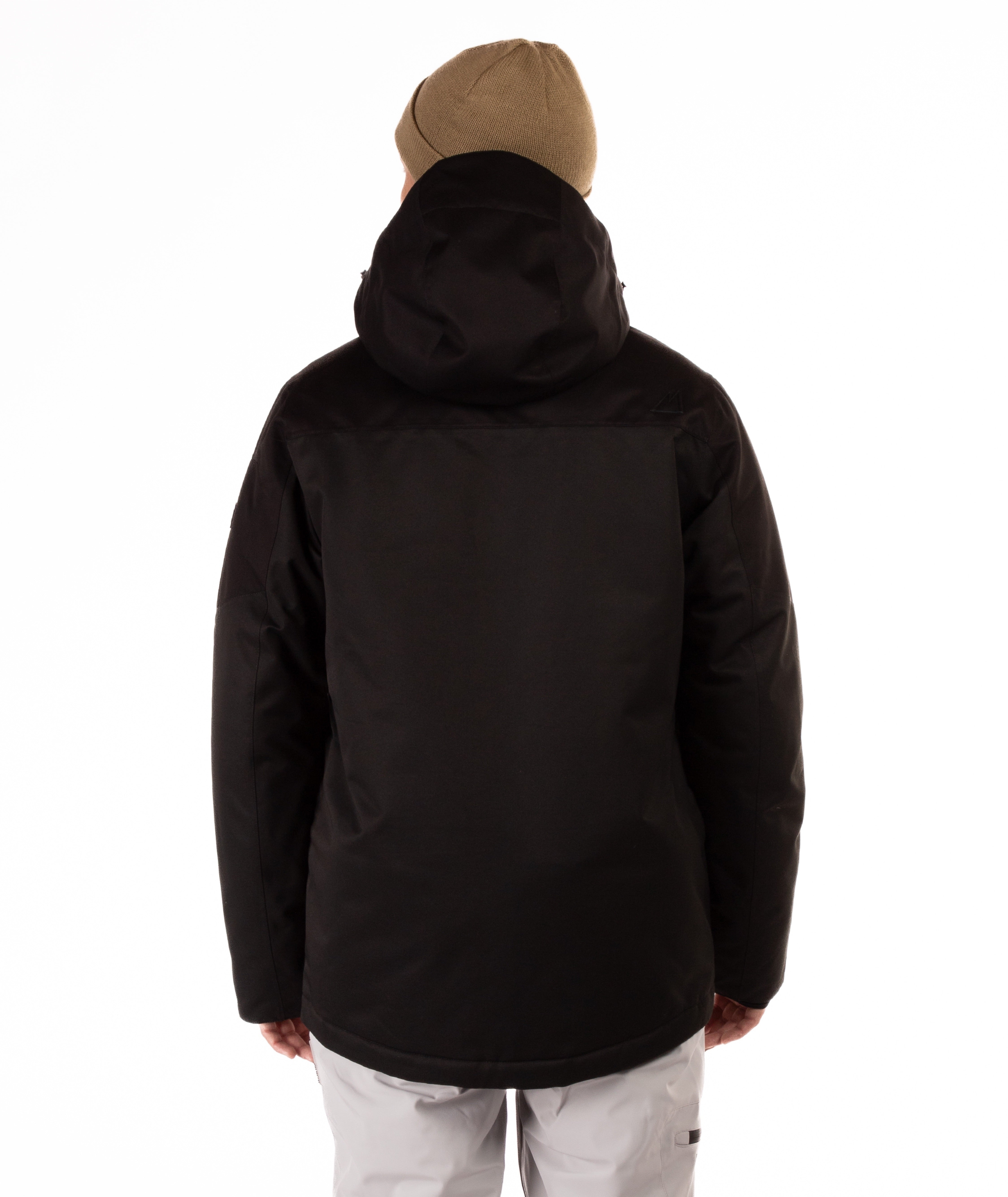 Person wearing a black jacket with a hood from behind on a white background