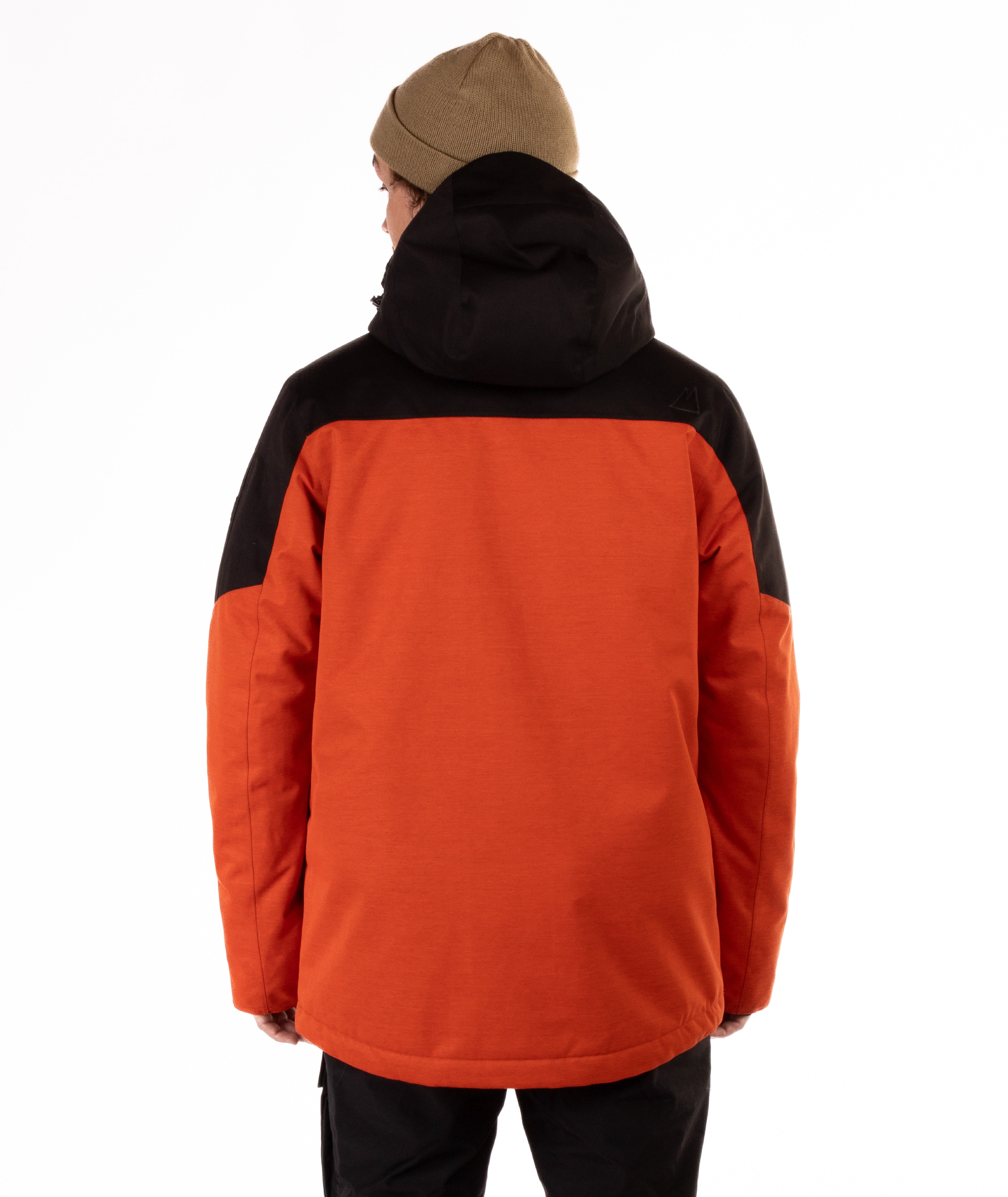 Person wearing a black and orange jacket on a white background