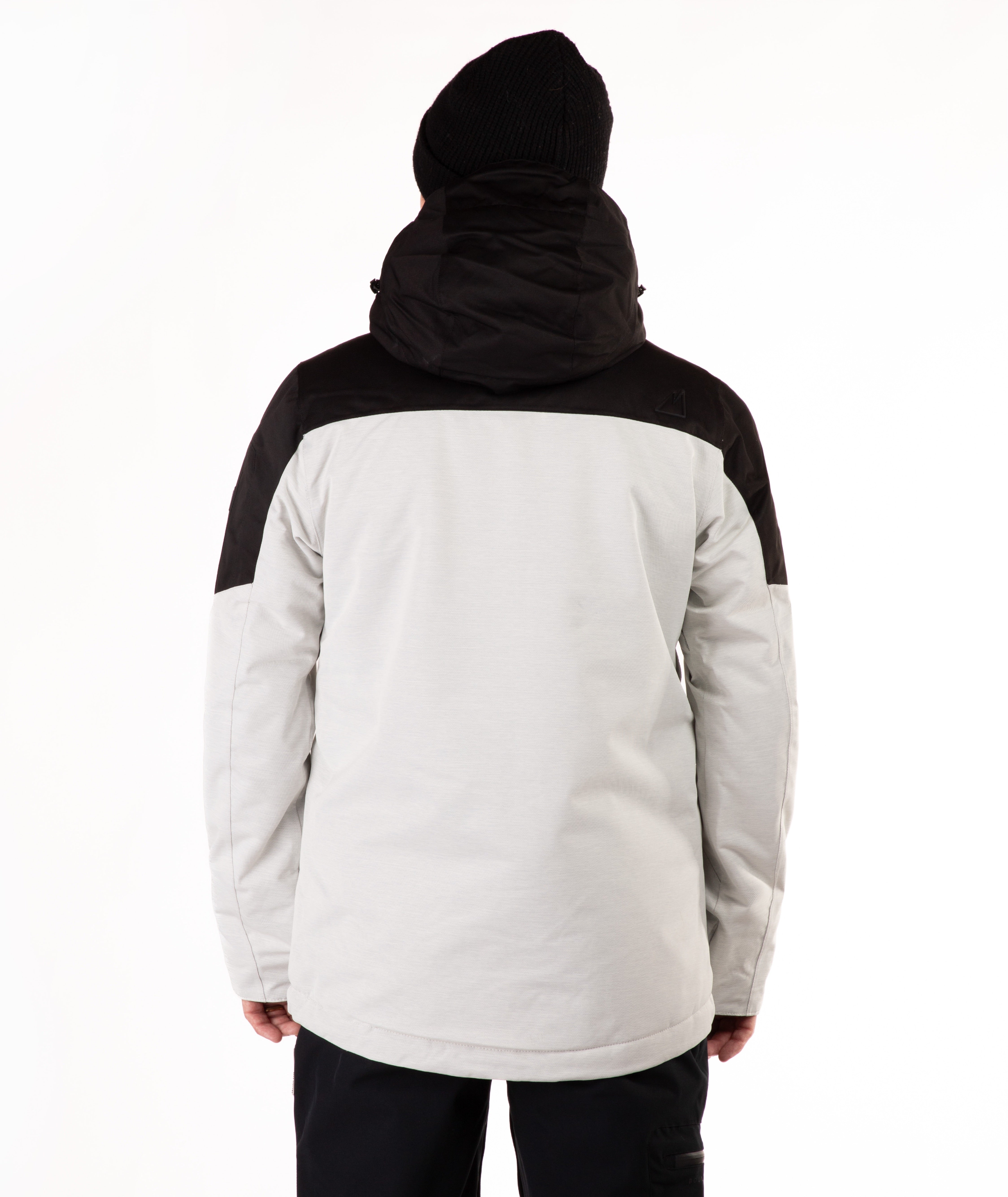 back of Man wearing a black and light gray jacket with a visible brand logo on a white background