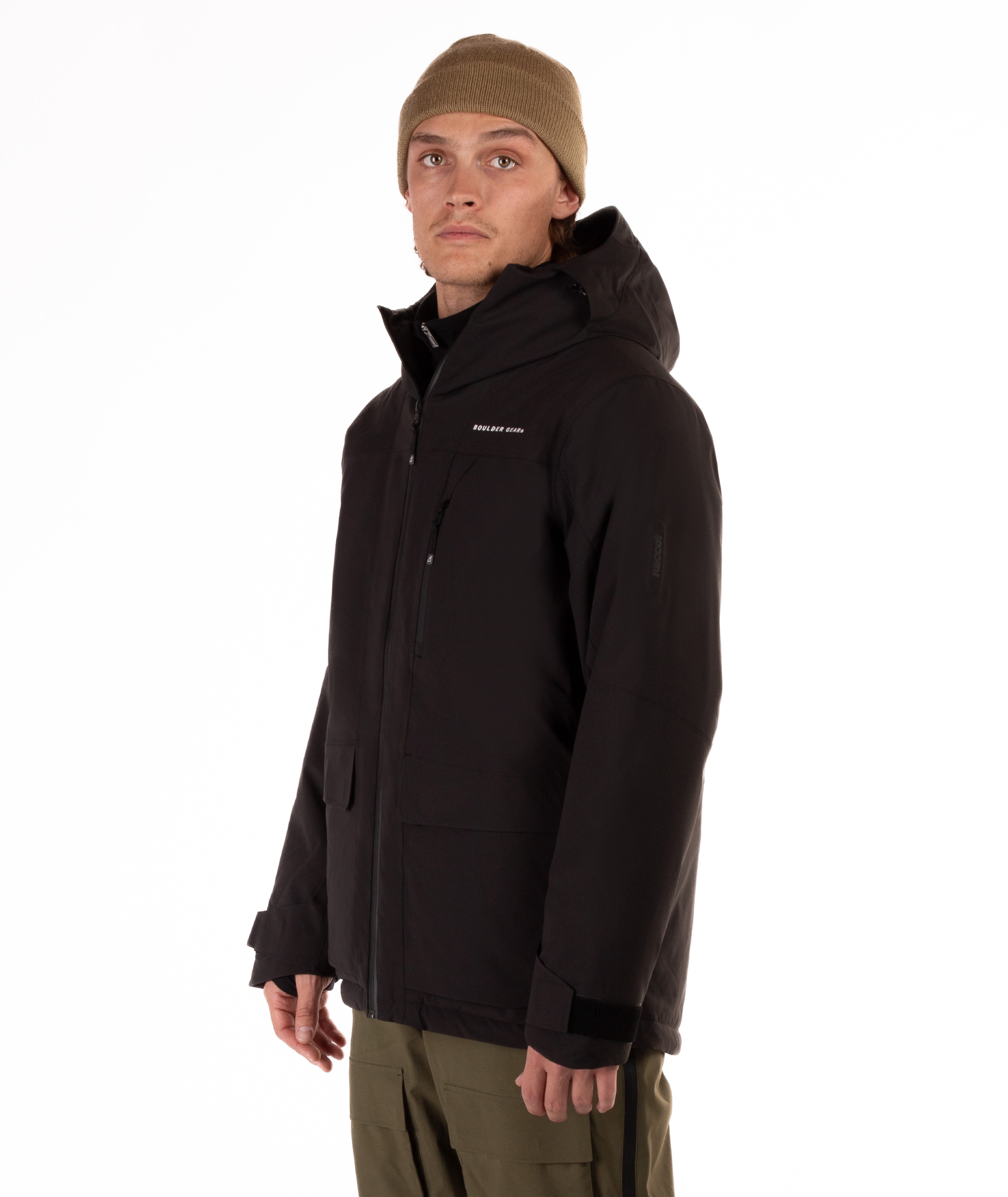 Man wearing a hooded black jacket with a brand logo on a white background