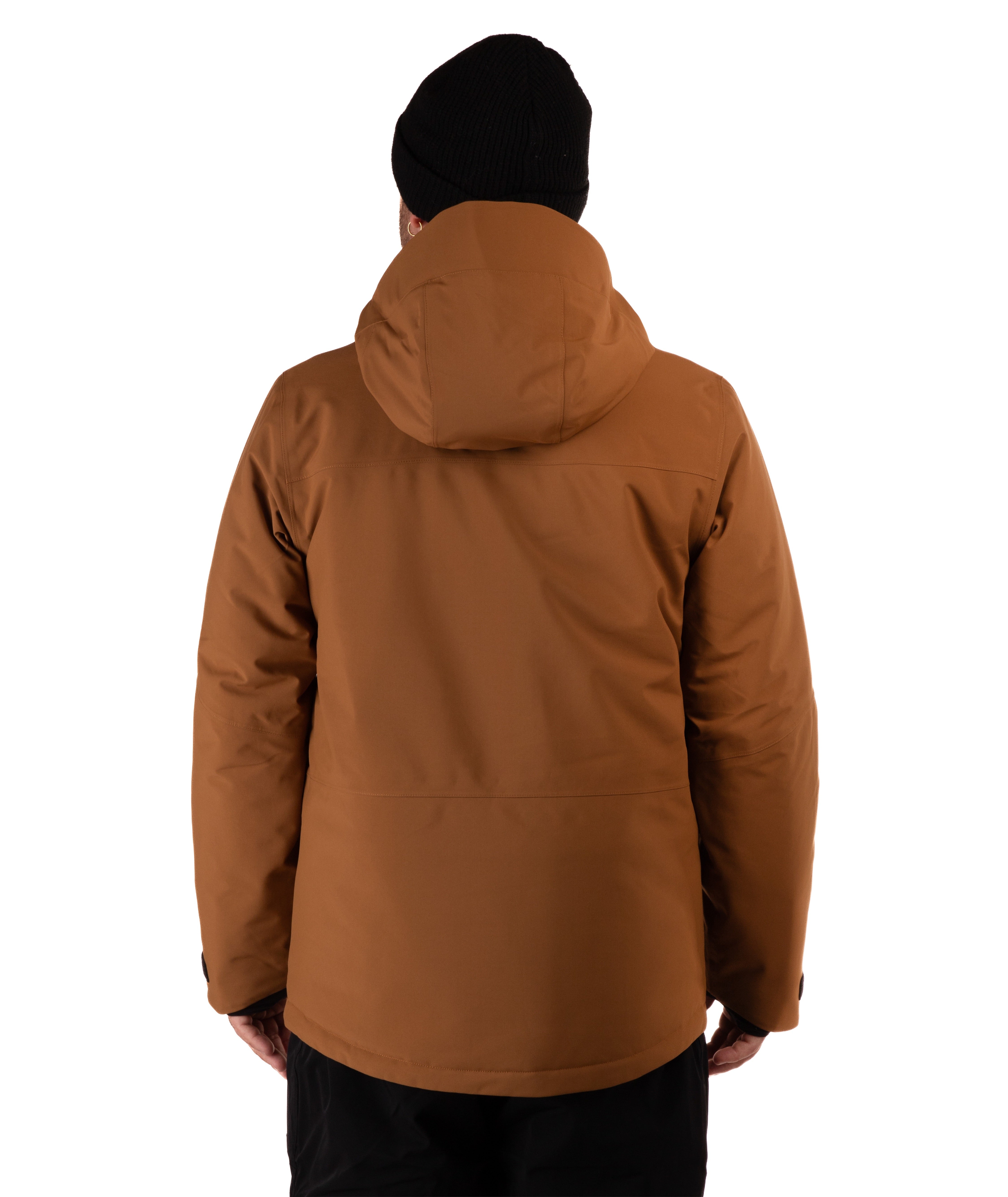 A person shown from the back wearing a brown hooded jacket and a black beanie against a plain white background.