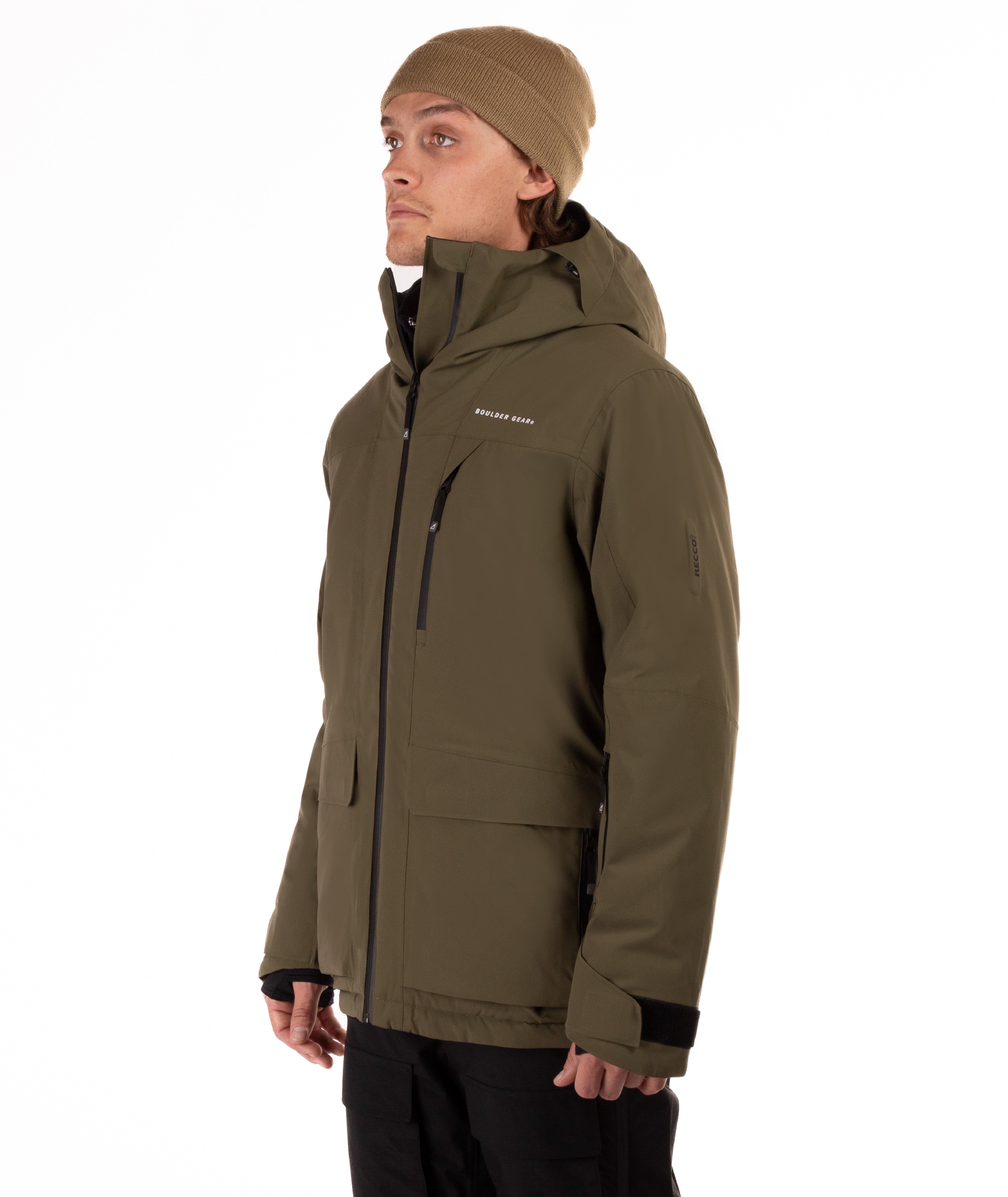 Man wearing a hooded olive green jacket with a brand logo on a white background